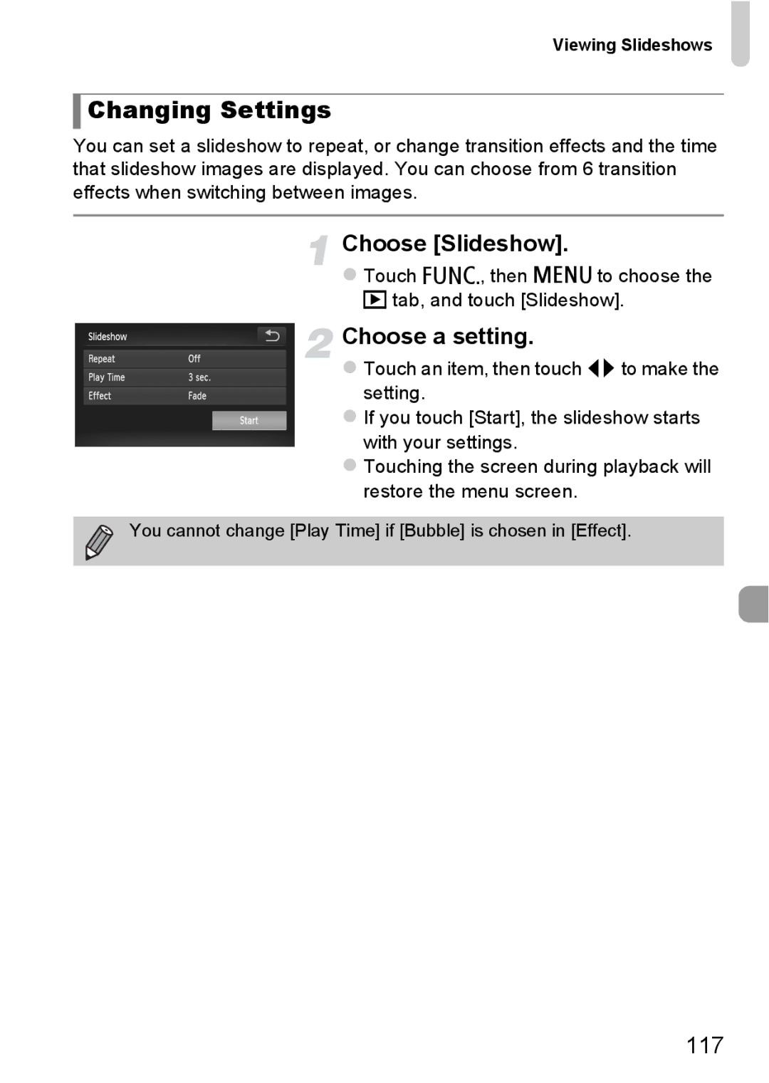 Canon 1100HS manual Changing Settings, Choose Slideshow, Choose a setting, 117 