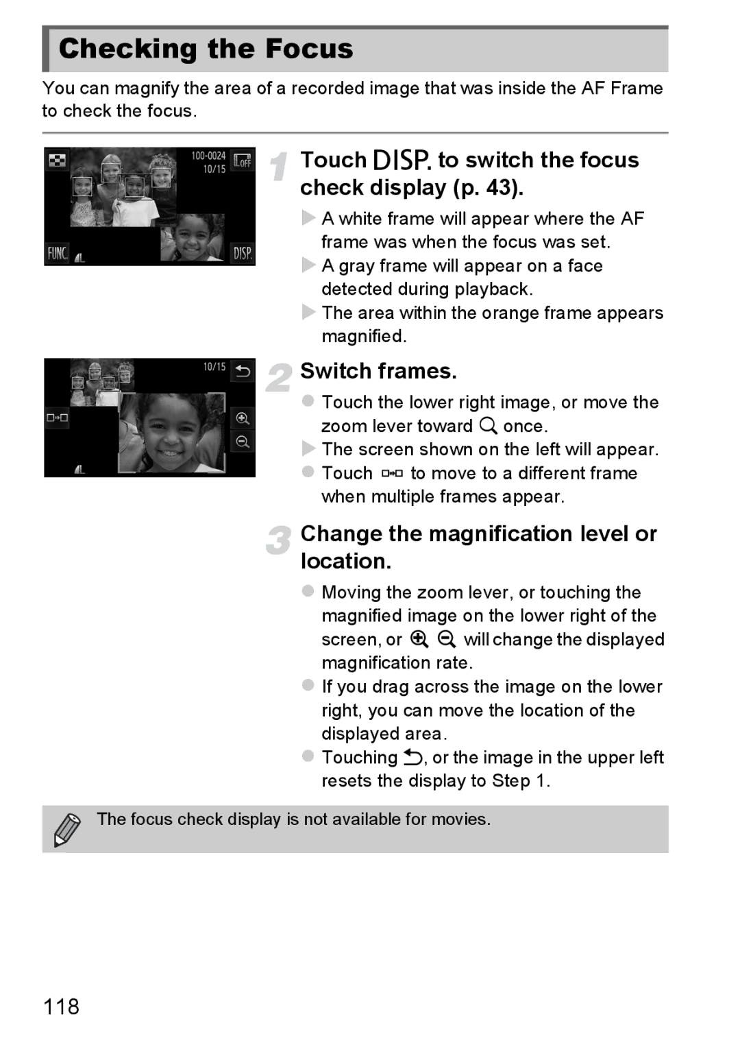 Canon 1100HS manual Checking the Focus, Touch l to switch the focus check display p, Switch frames, 118 