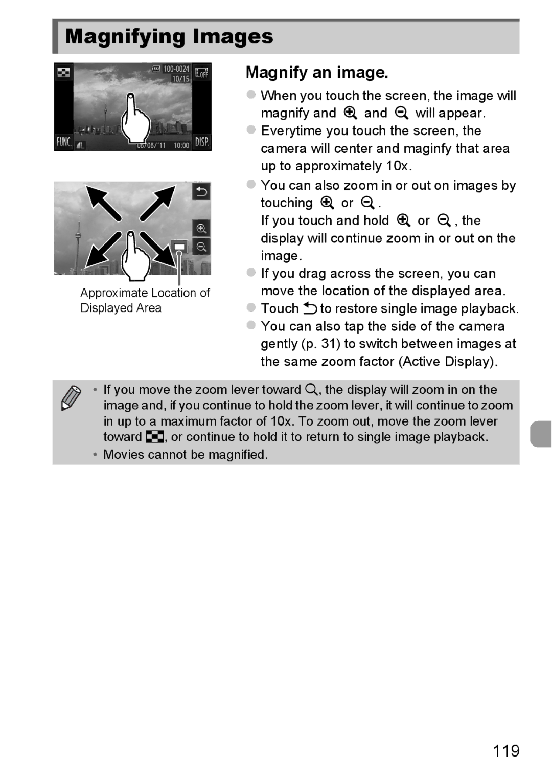 Canon 1100HS manual Magnifying Images, Magnify an image, 119, Touch to restore single image playback 