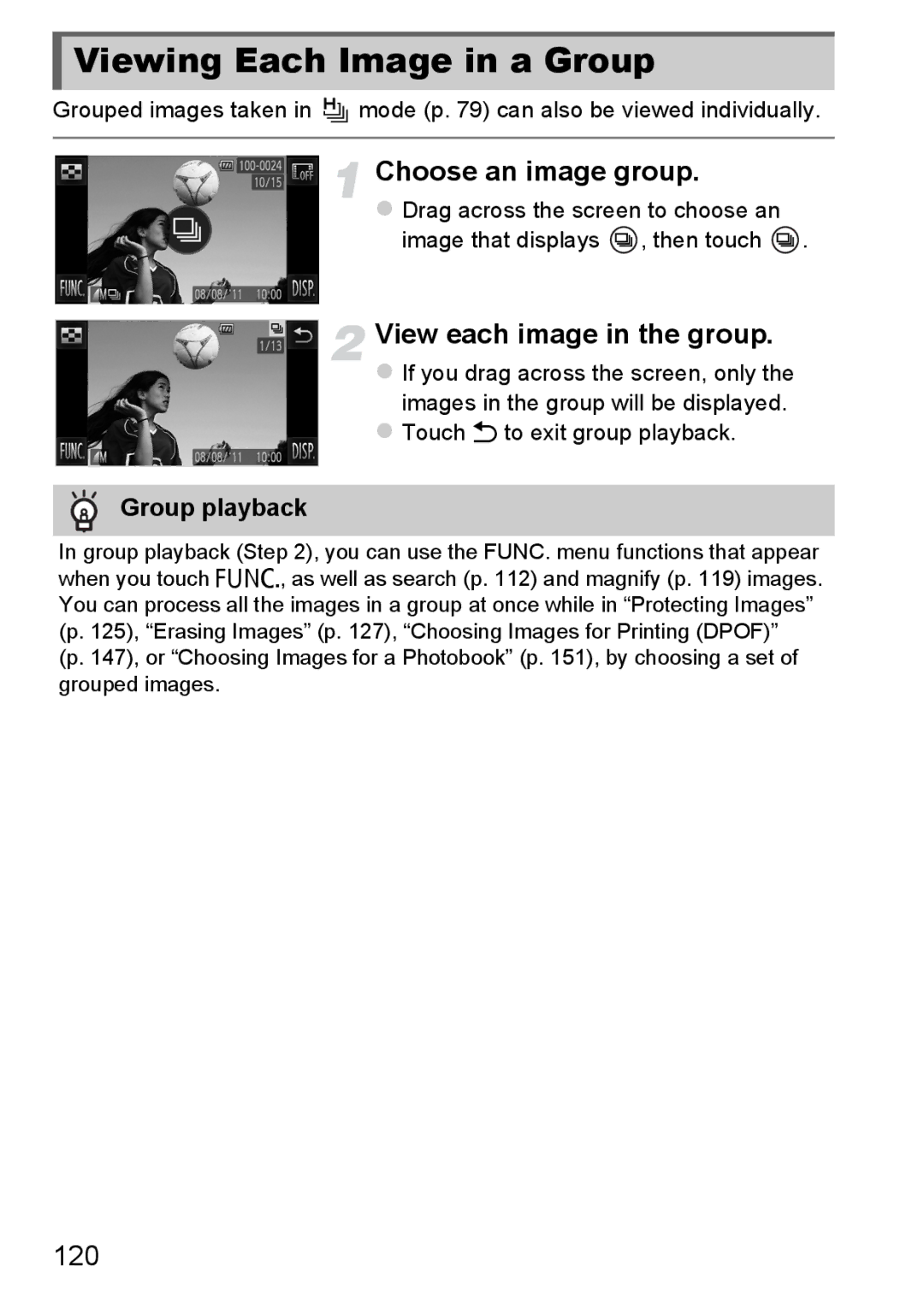 Canon 1100HS manual Viewing Each Image in a Group, Choose an image group, View each image in the group, 120, Group playback 