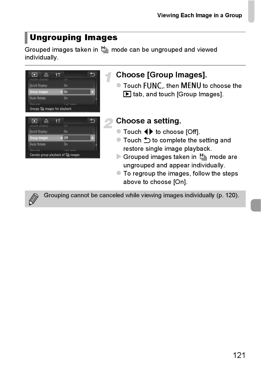 Canon 1100HS Ungrouping Images, Choose Group Images, 121, Touch H, then n to choose the 1 tab, and touch Group Images 