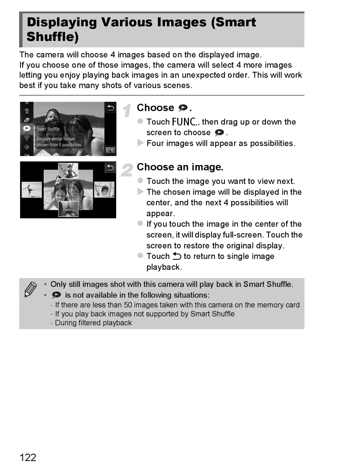 Canon 1100HS manual Displaying Various Images Smart Shuffle, 122, Touch to return to single image playback 