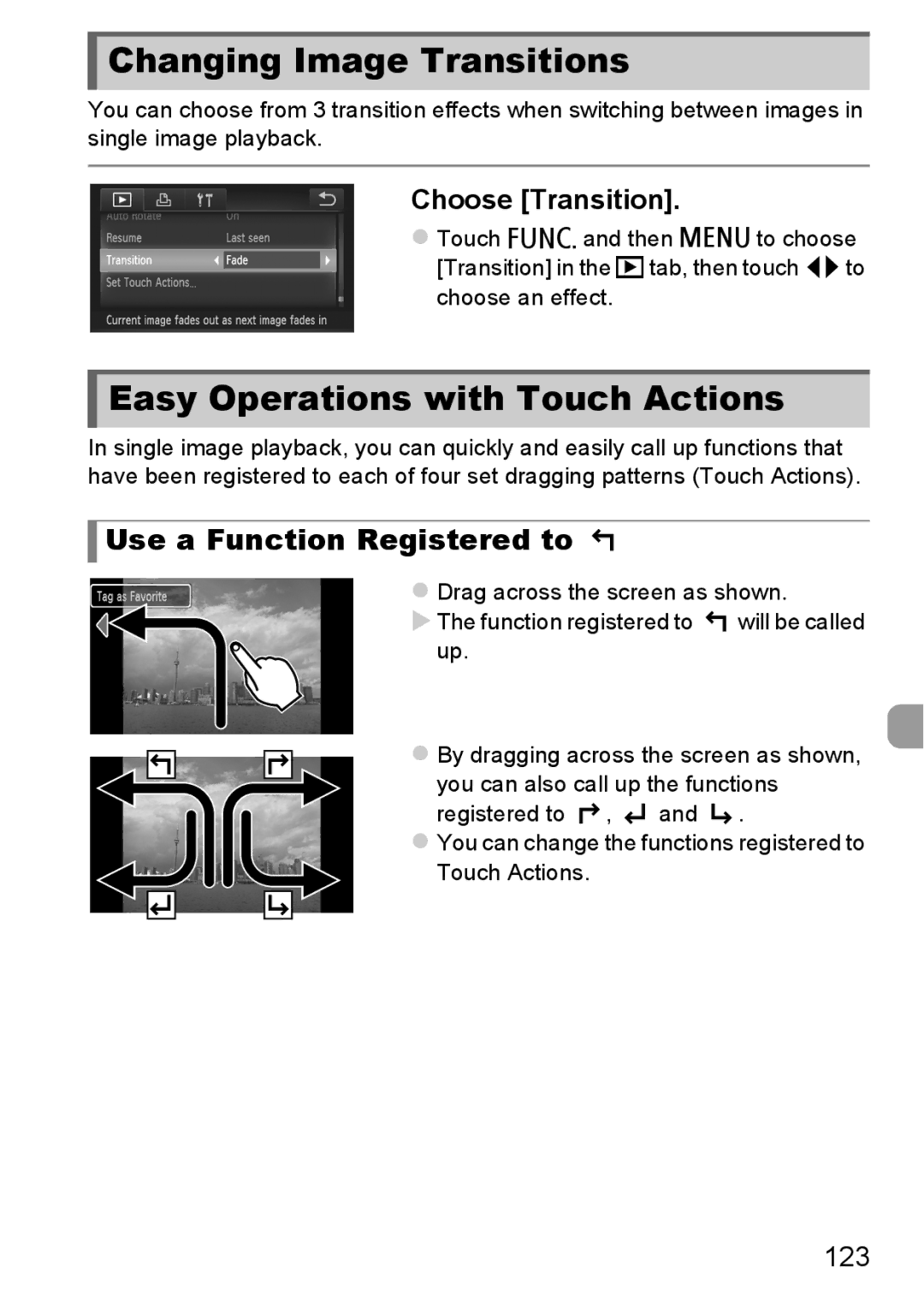 Canon 1100HS manual Changing Image Transitions, Easy Operations with Touch Actions, Use a Function Registered to, 123 