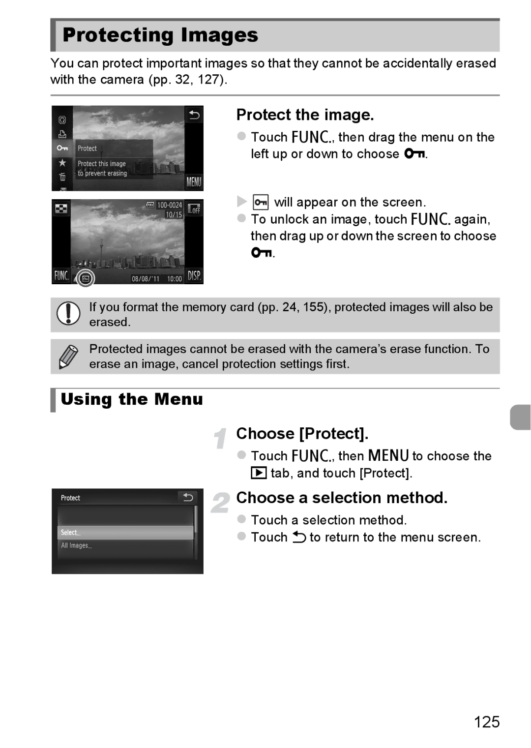 Canon 1100HS manual Protecting Images, Using the Menu, Protect the image, Choose Protect, Choose a selection method 