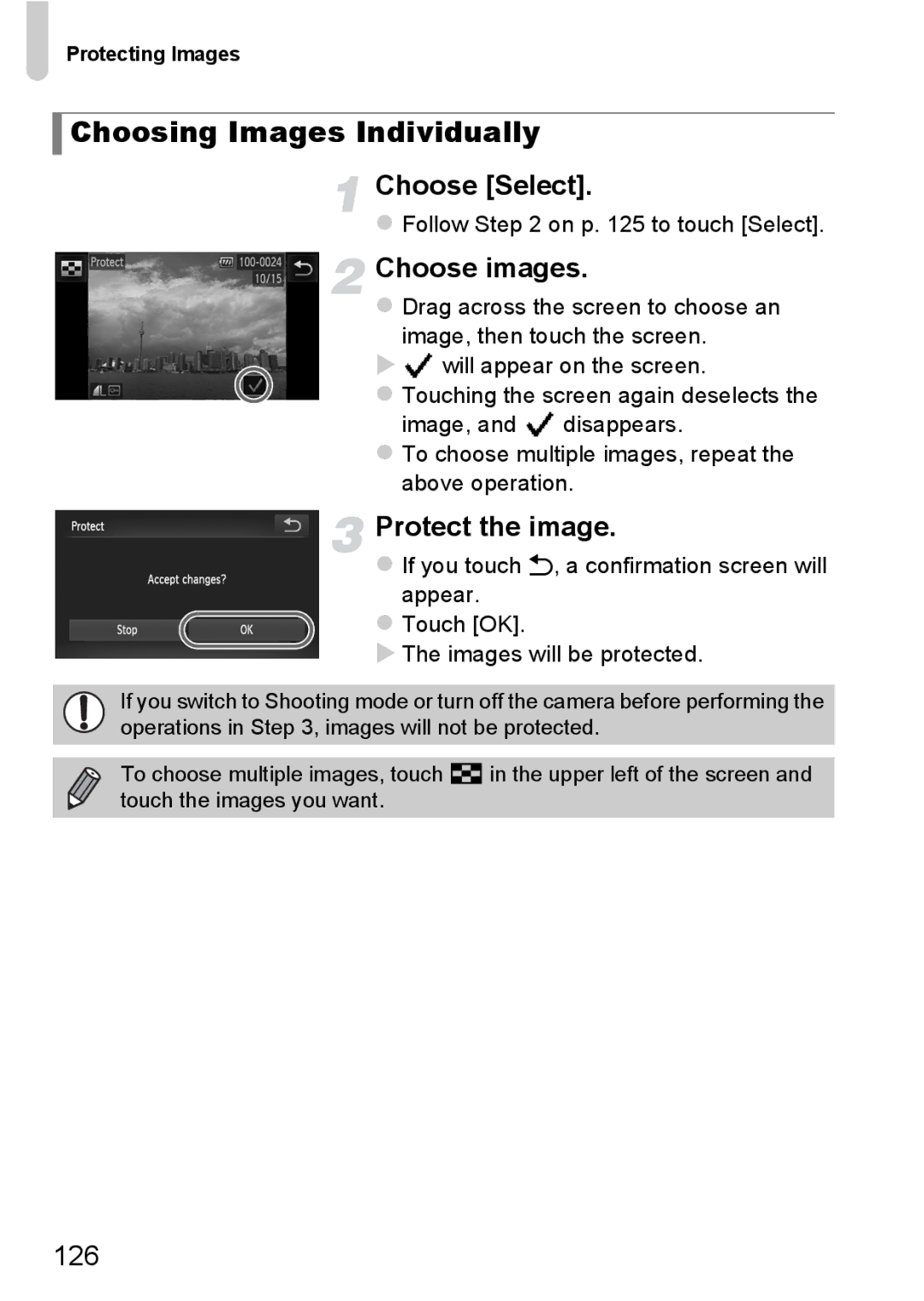 Canon 1100HS manual Choosing Images Individually, Choose Select, Choose images, 126, Follow on p to touch Select 