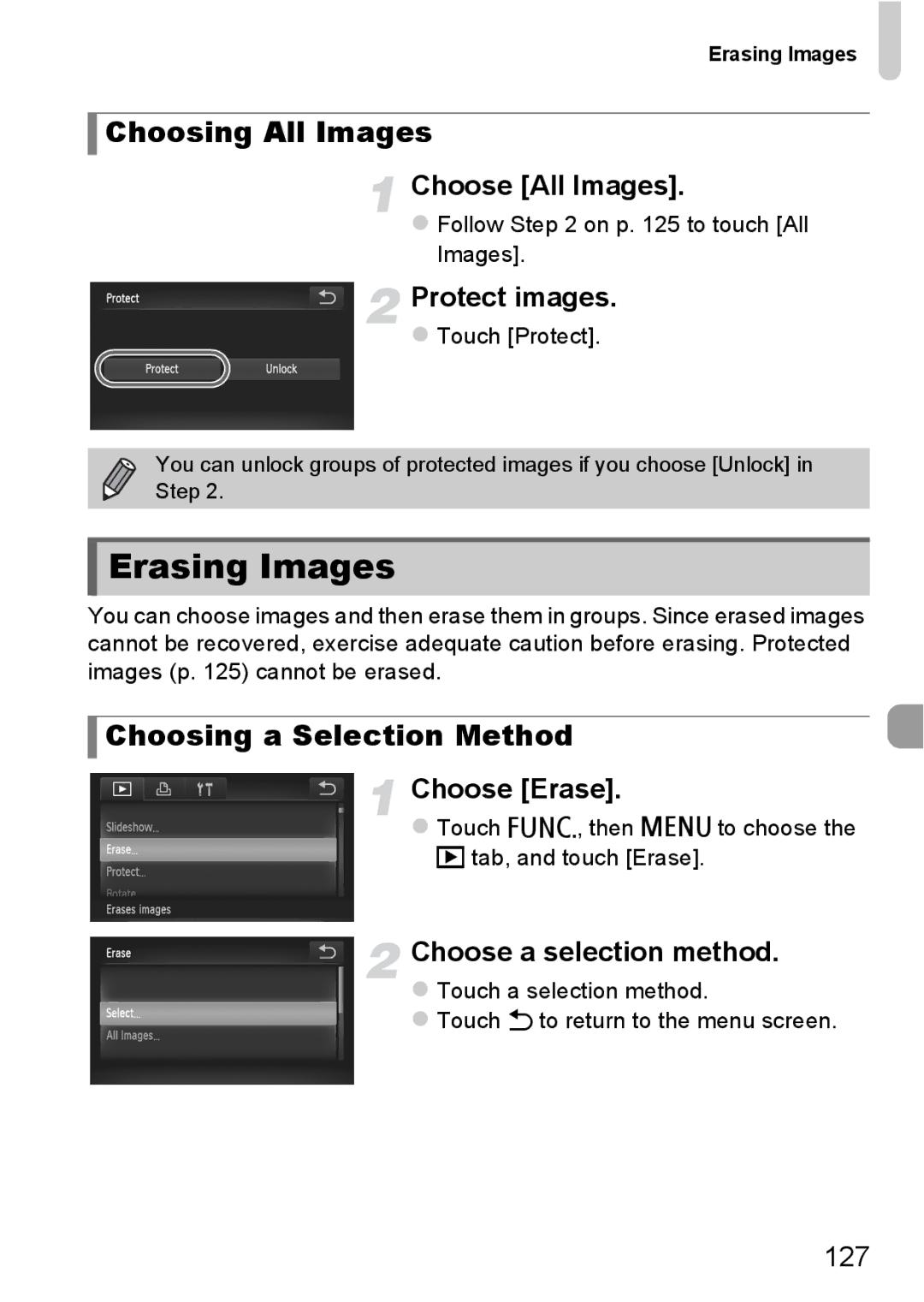 Canon 1100HS manual Choosing All Images, Choosing a Selection Method, Choose All Images, Protect images, Choose Erase 