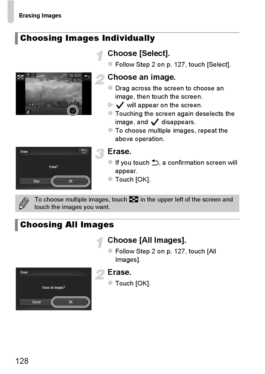 Canon 1100HS manual Erase, 128, Follow on p , touch Select, If you touch , a confirmation screen will Appear Touch OK 