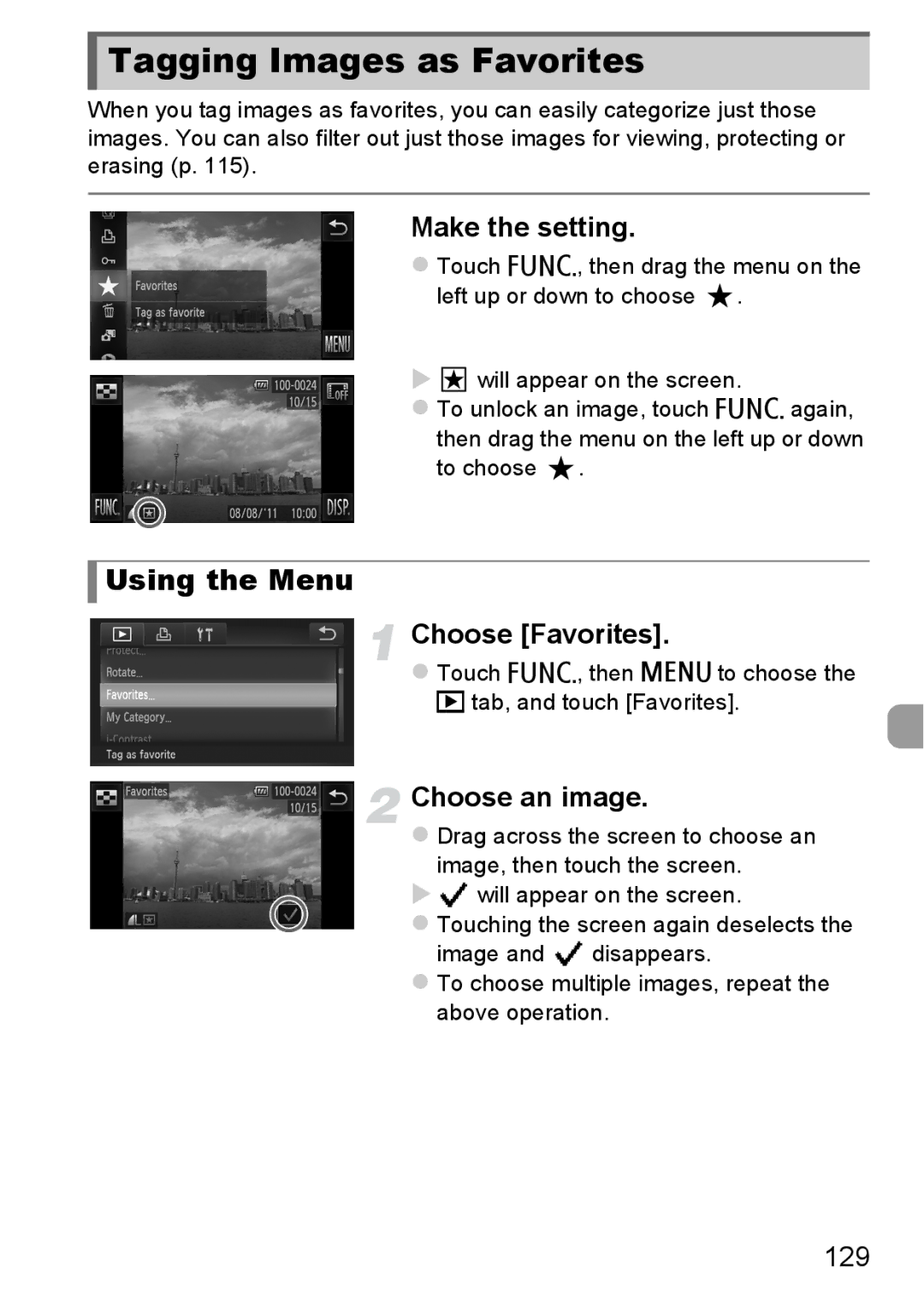 Canon 1100HS manual Tagging Images as Favorites, Make the setting, Choose Favorites, 129 