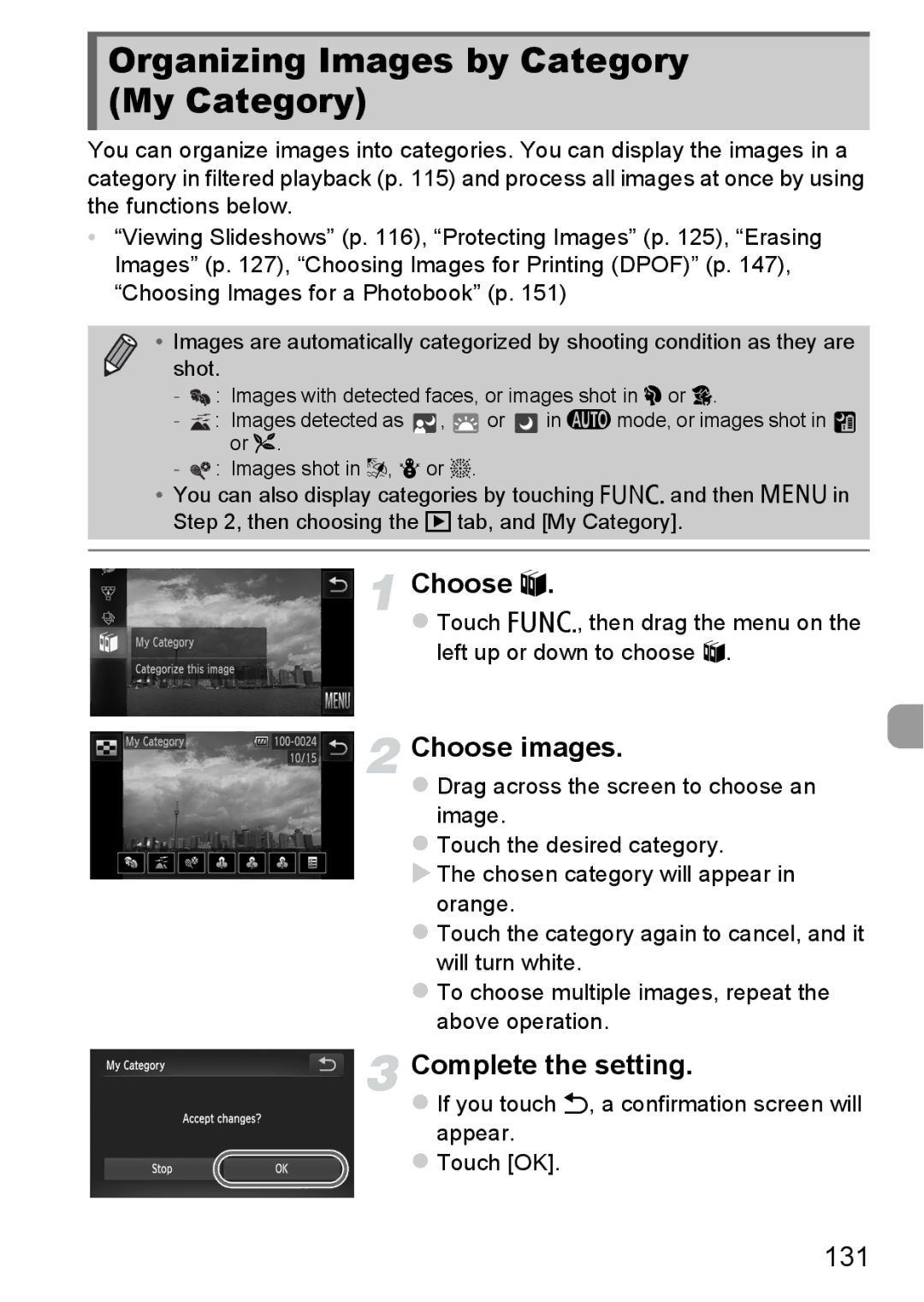 Canon 1100HS manual Organizing Images by Category My Category, 131 