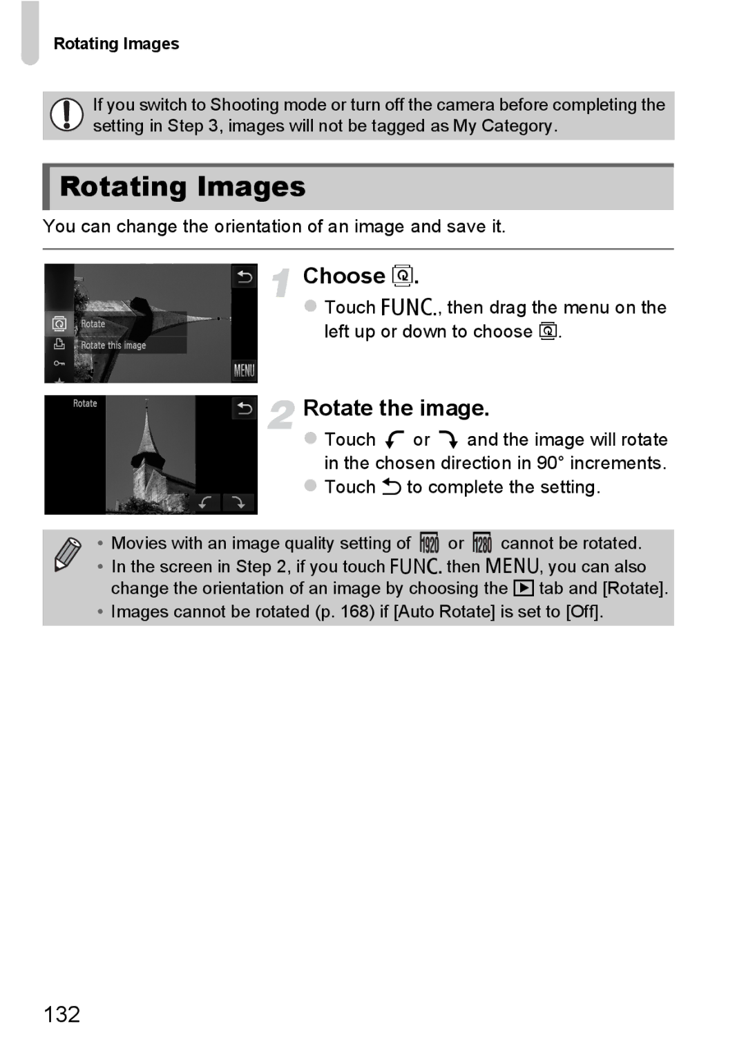 Canon 1100HS manual Rotating Images, Choose, Rotate the image, 132 