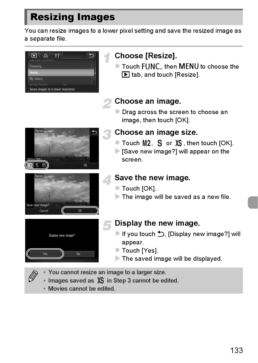 Canon 1100HS manual Resizing Images, Choose Resize, Choose an image size, Save the new image, Display the new image 