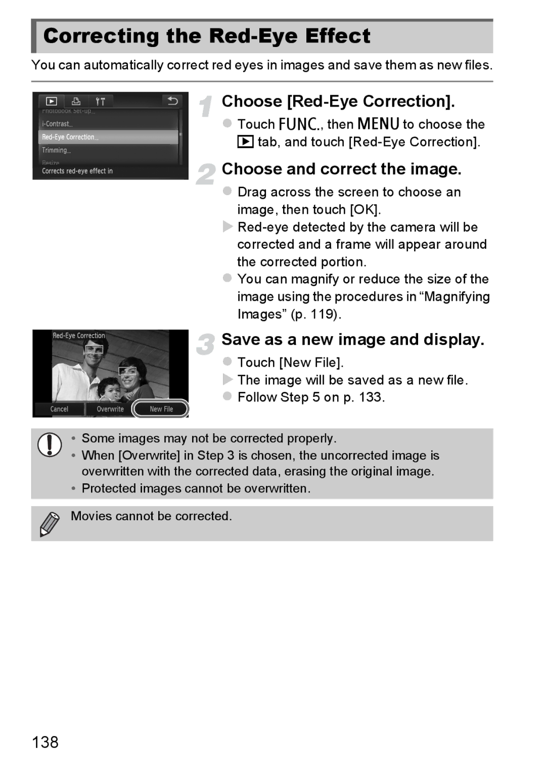 Canon 1100HS manual Correcting the Red-Eye Effect, Choose Red-Eye Correction, Choose and correct the image, 138 