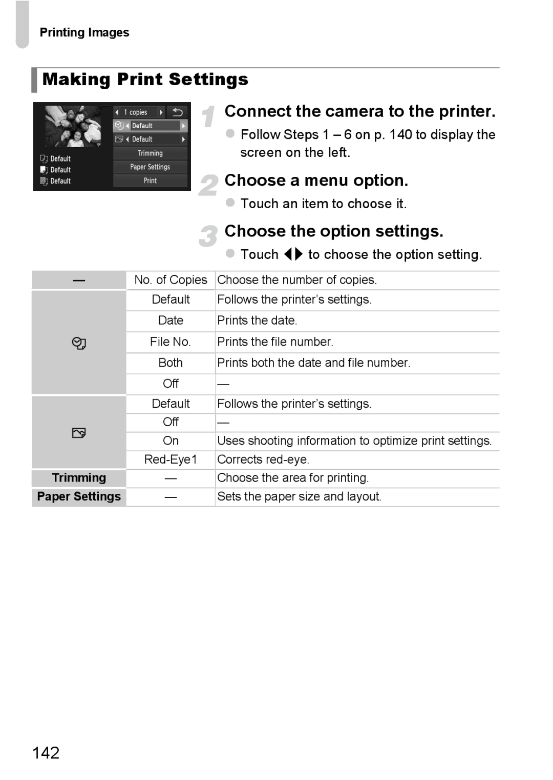 Canon 1100HS manual Making Print Settings, Choose a menu option, Choose the option settings, 142, Screen on the left 