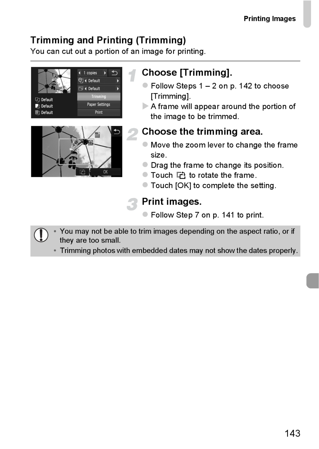 Canon 1100HS manual Trimming and Printing Trimming, Choose the trimming area, 143, Follow on p to print 