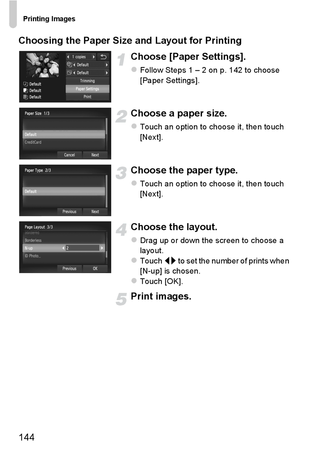 Canon 1100HS manual Choose a paper size, Choose the paper type, Choose the layout, 144 