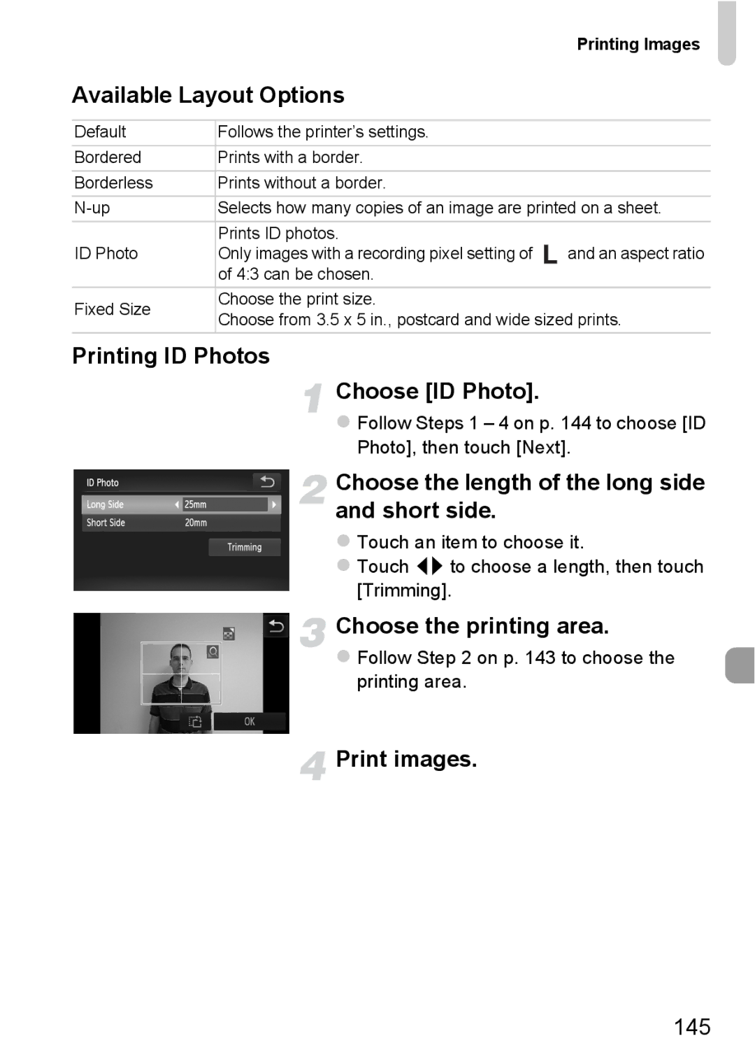 Canon 1100HS manual Available Layout Options, Printing ID Photos Choose ID Photo, Choose the printing area, 145 