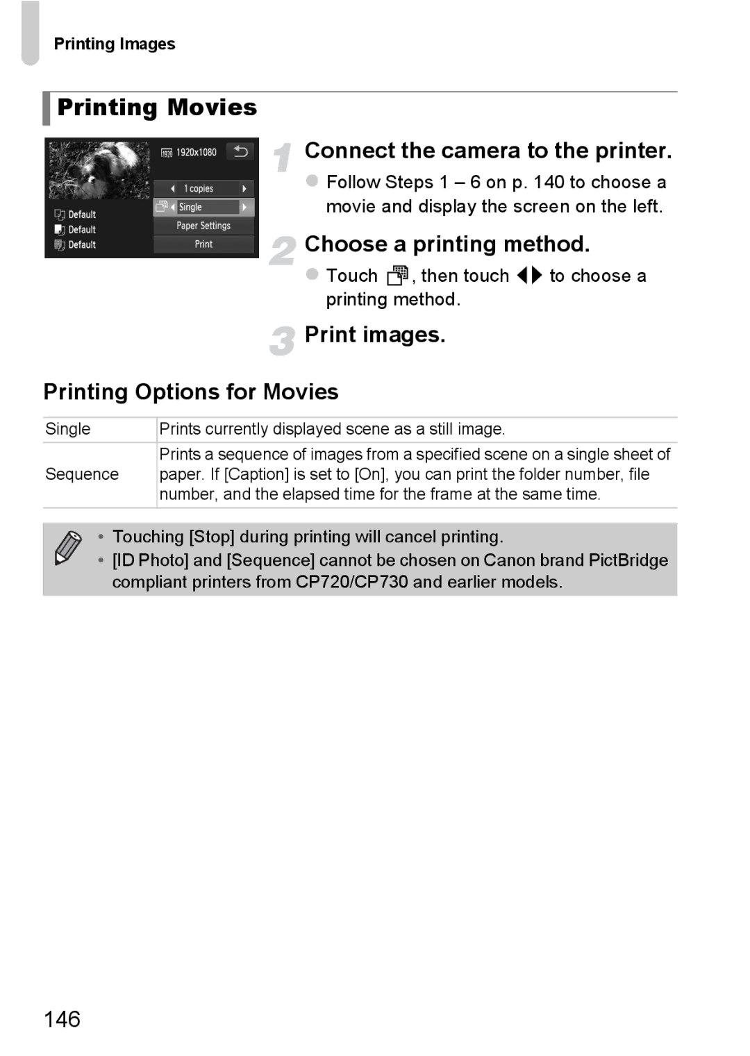 Canon 1100HS manual Printing Movies, Choose a printing method, Printing Options for Movies, 146 