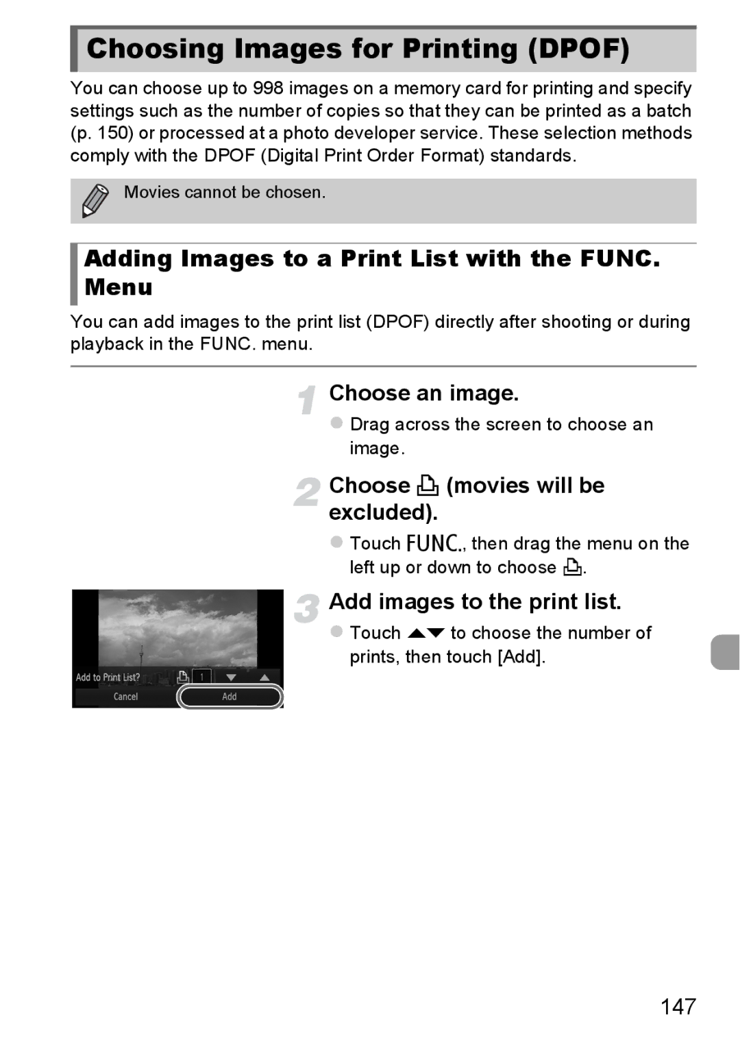 Canon 1100HS manual Choosing Images for Printing Dpof, Adding Images to a Print List with the FUNC. Menu, 147 