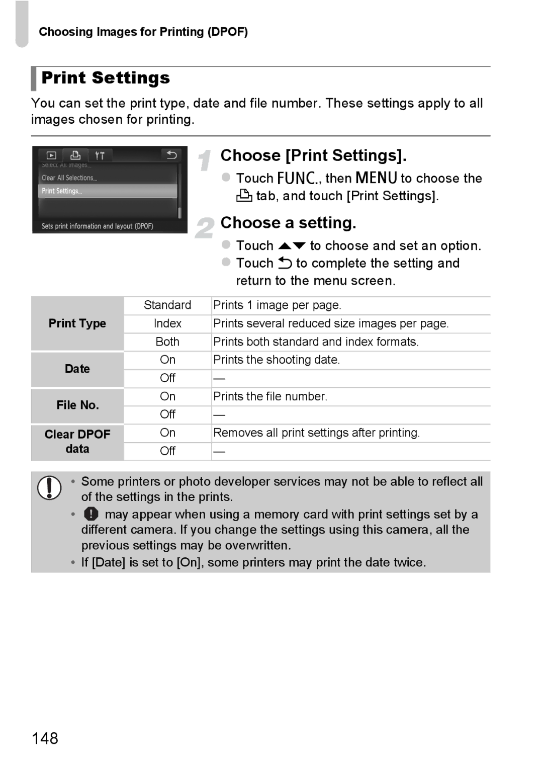 Canon 1100HS Choose Print Settings, 148, Choosing Images for Printing Dpof, Print Type Date File No Clear Dpof Data 