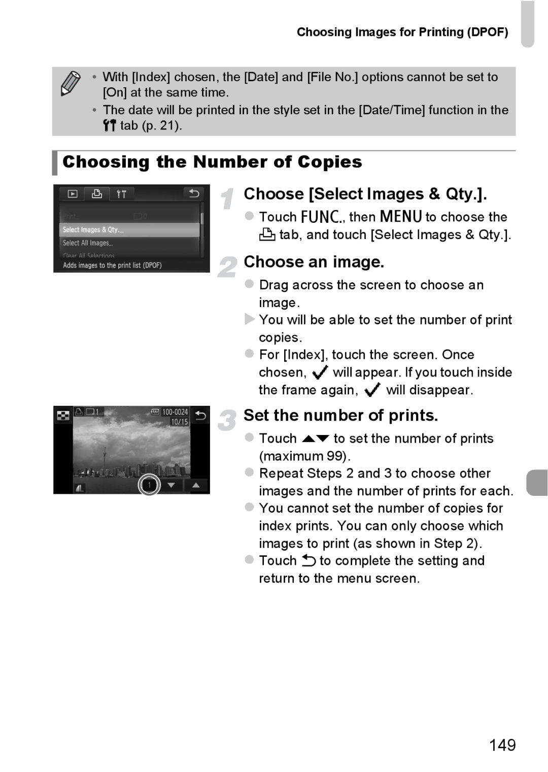 Canon 1100HS manual Choosing the Number of Copies, Choose Select Images & Qty, Set the number of prints, 149 