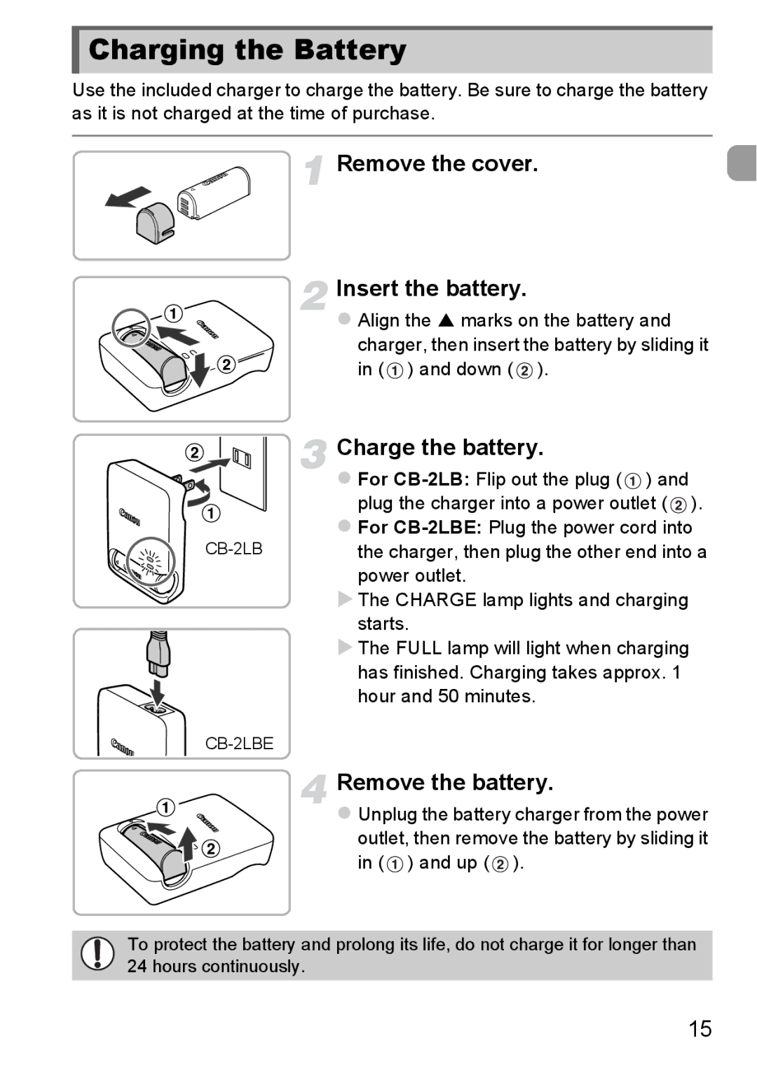 Canon 1100HS manual Charging the Battery, Remove the cover Insert the battery, Charge the battery, Remove the battery 