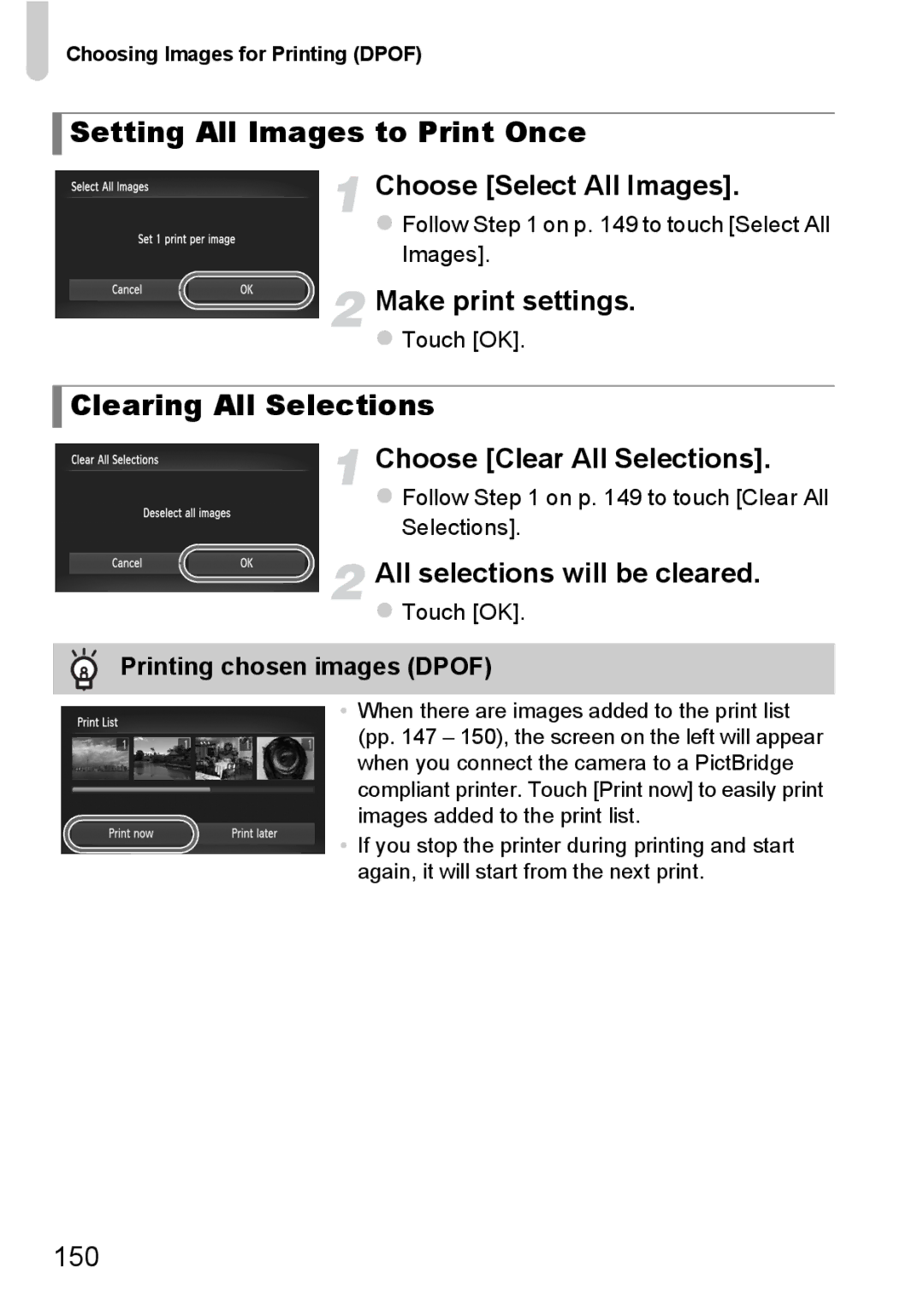 Canon 1100HS manual Setting All Images to Print Once, Clearing All Selections 