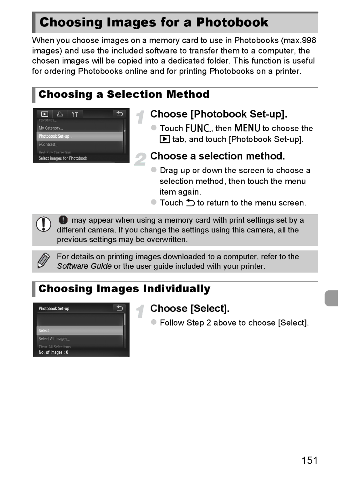 Canon 1100HS manual Choosing Images for a Photobook, Choose Photobook Set-up, 151, Follow above to choose Select 