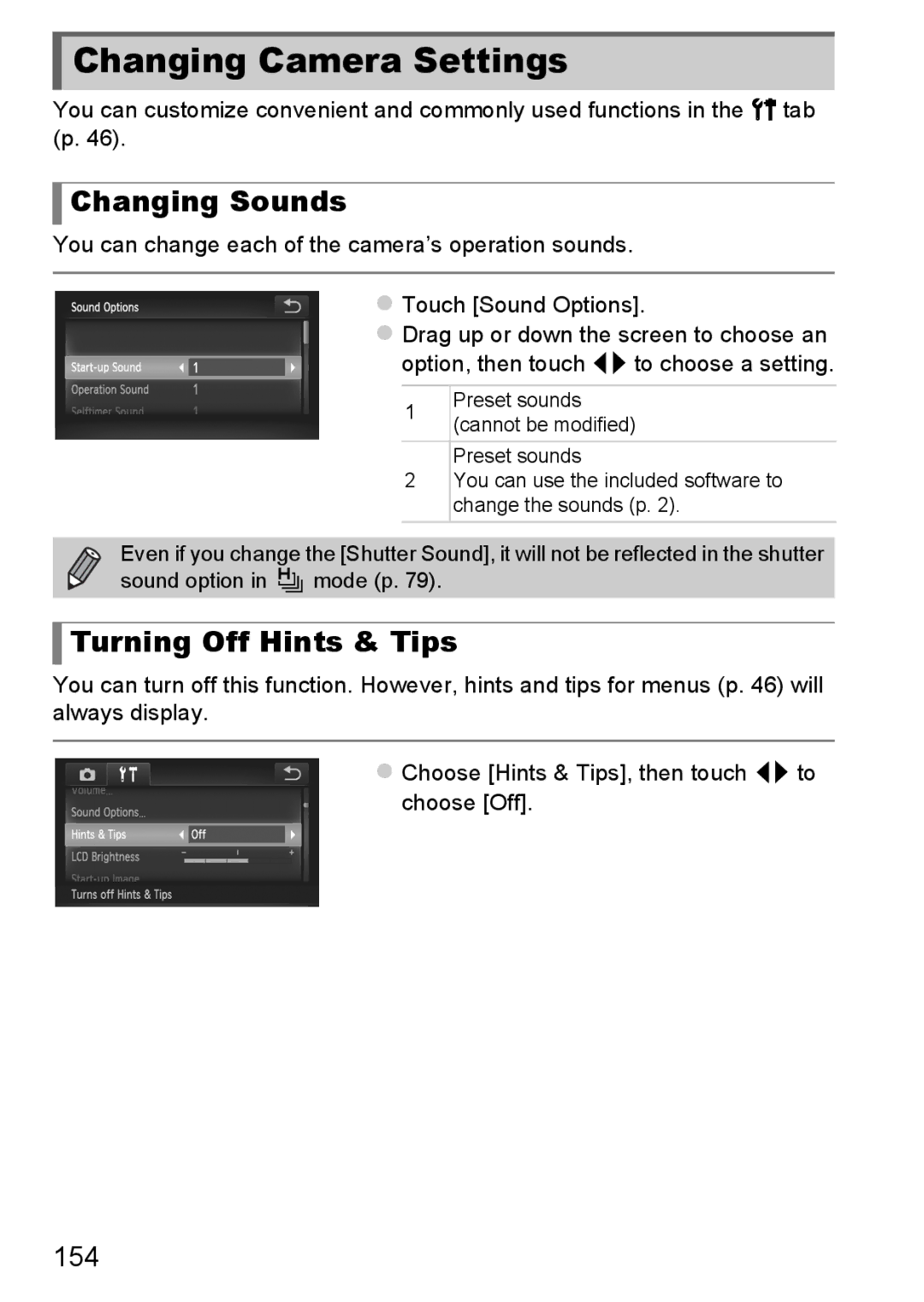 Canon 1100HS manual Changing Camera Settings, Changing Sounds, Turning Off Hints & Tips, 154 