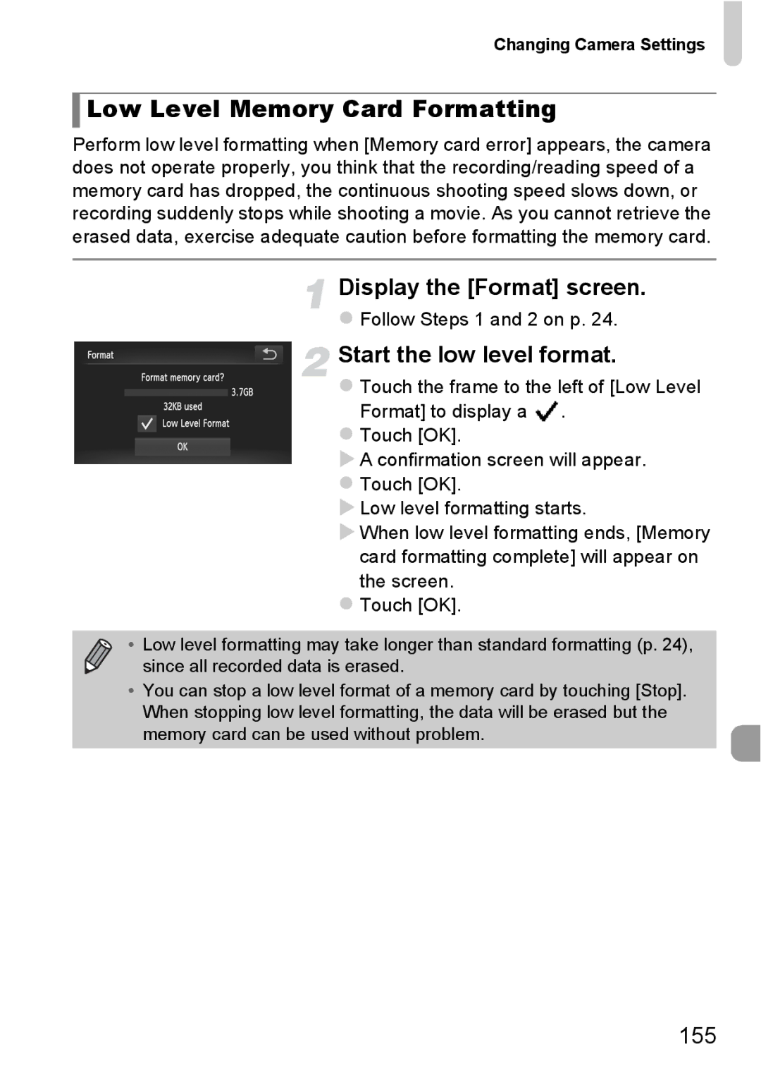 Canon 1100HS manual Low Level Memory Card Formatting, Display the Format screen, Start the low level format, 155 