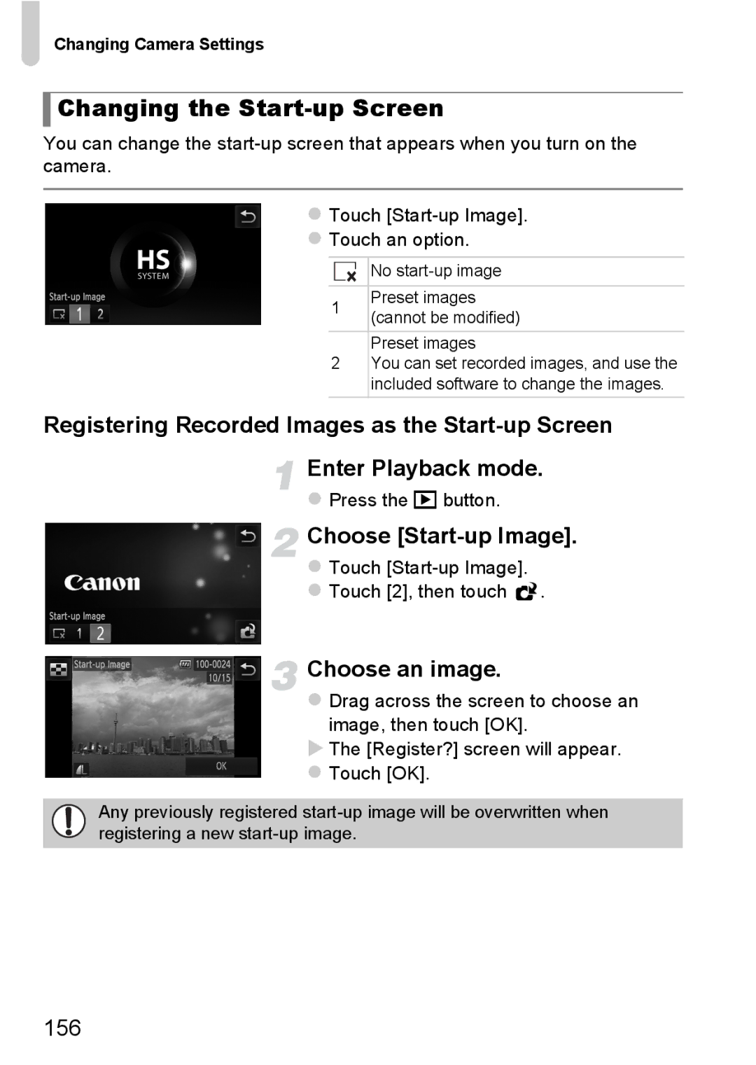 Canon 1100HS manual Changing the Start-up Screen, Choose Start-up Image, 156, Touch Start-up Image Touch 2, then touch 