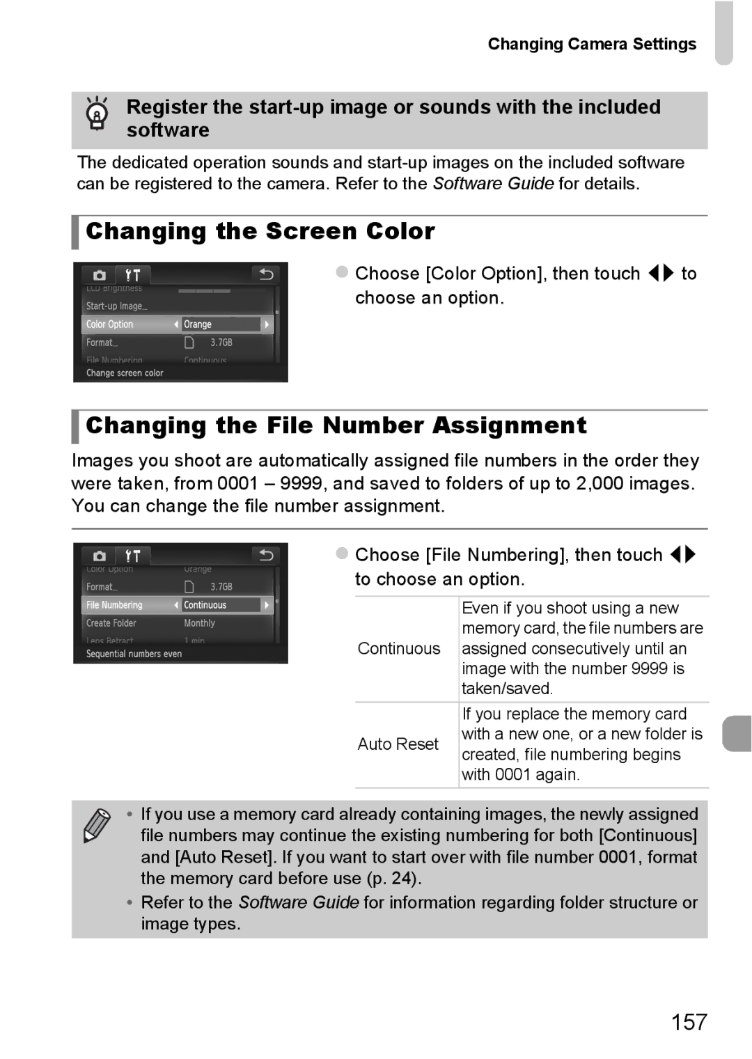 Canon 1100HS manual Changing the Screen Color, Changing the File Number Assignment, 157 