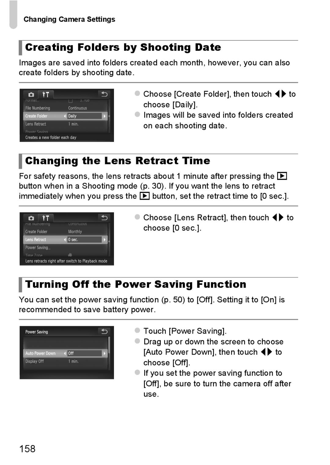 Canon 1100HS Creating Folders by Shooting Date, Changing the Lens Retract Time, Turning Off the Power Saving Function, 158 