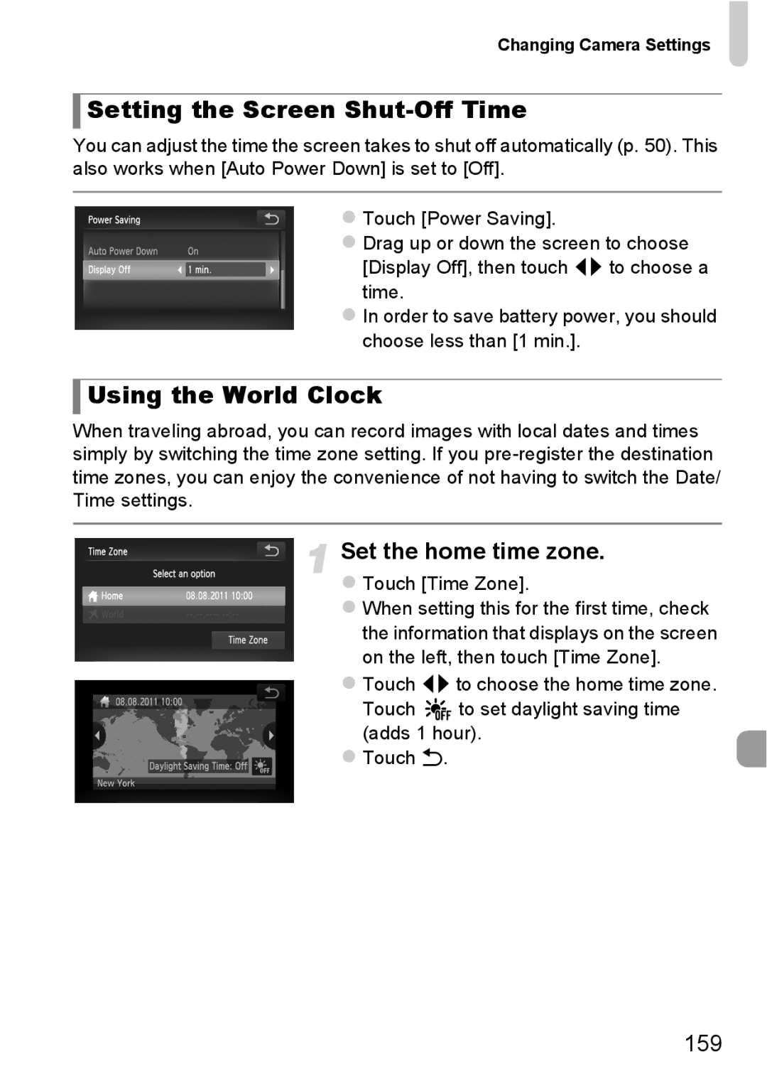 Canon 1100HS manual Setting the Screen Shut-Off Time, Using the World Clock, Set the home time zone, 159, Touch Time Zone 