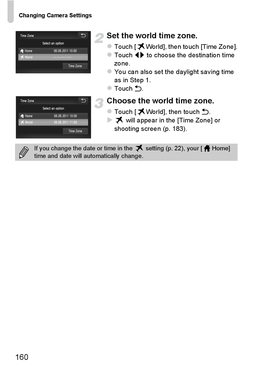 Canon 1100HS manual Set the world time zone, Choose the world time zone, 160 