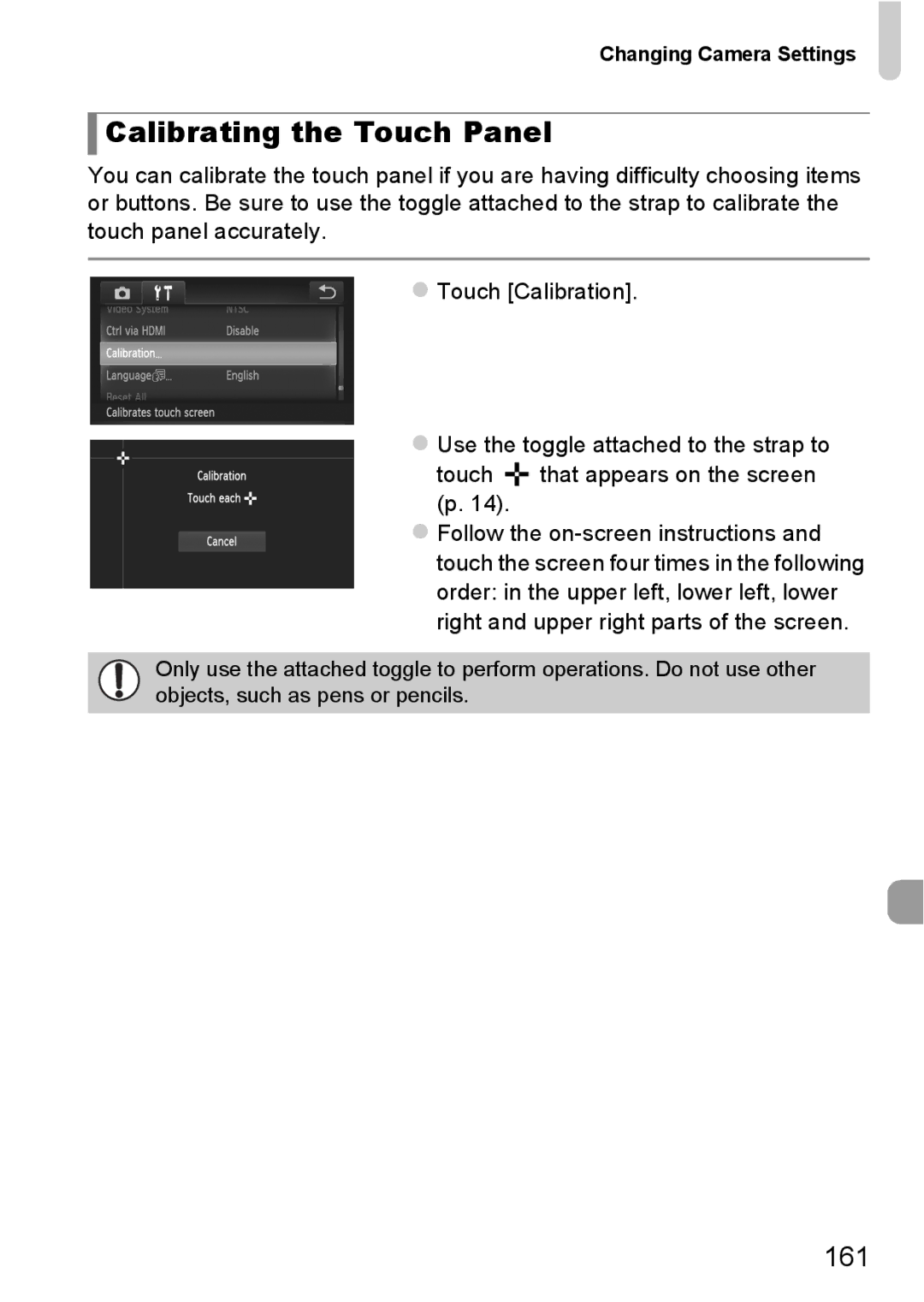 Canon 1100HS manual Calibrating the Touch Panel, 161 