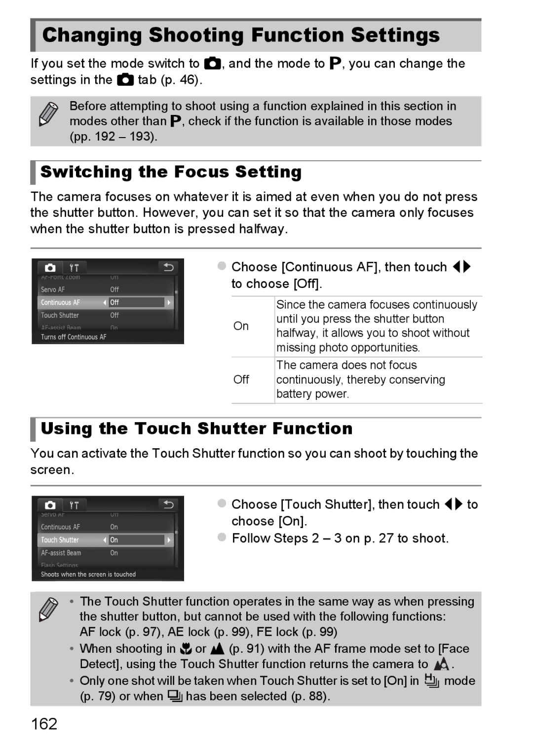 Canon 1100HS manual Changing Shooting Function Settings, Switching the Focus Setting, Using the Touch Shutter Function, 162 