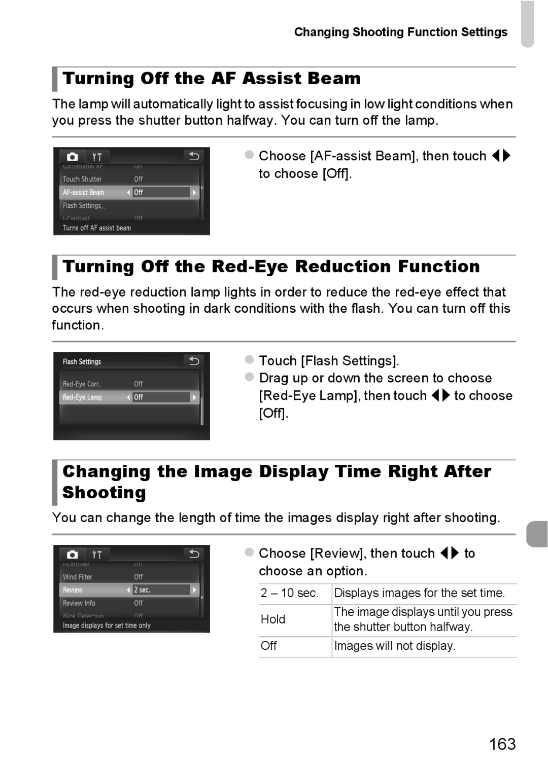 Canon 1100HS manual Turning Off the AF Assist Beam, Turning Off the Red-Eye Reduction Function, 163 