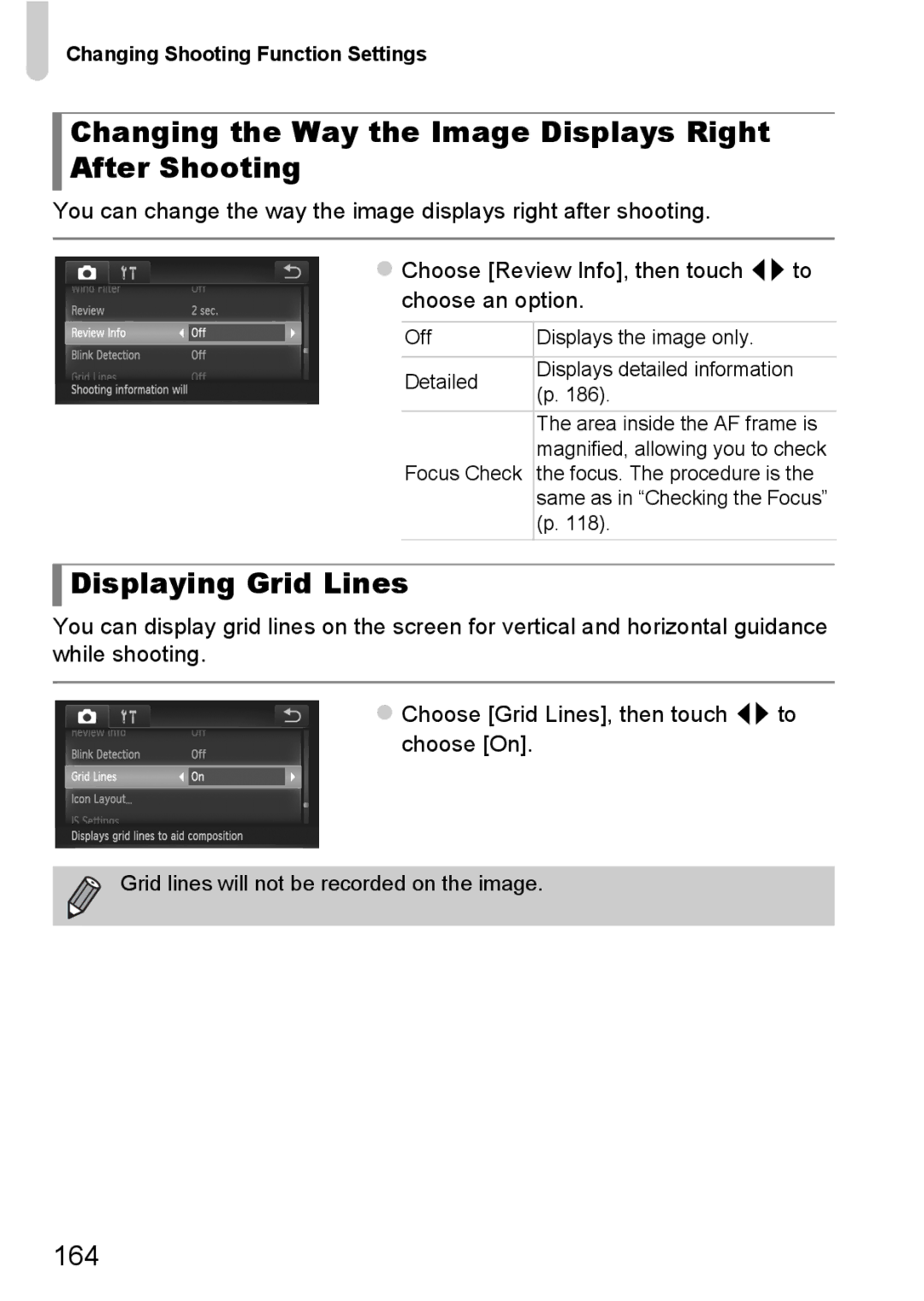 Canon 1100HS manual Changing the Way the Image Displays Right After Shooting, Displaying Grid Lines, 164 