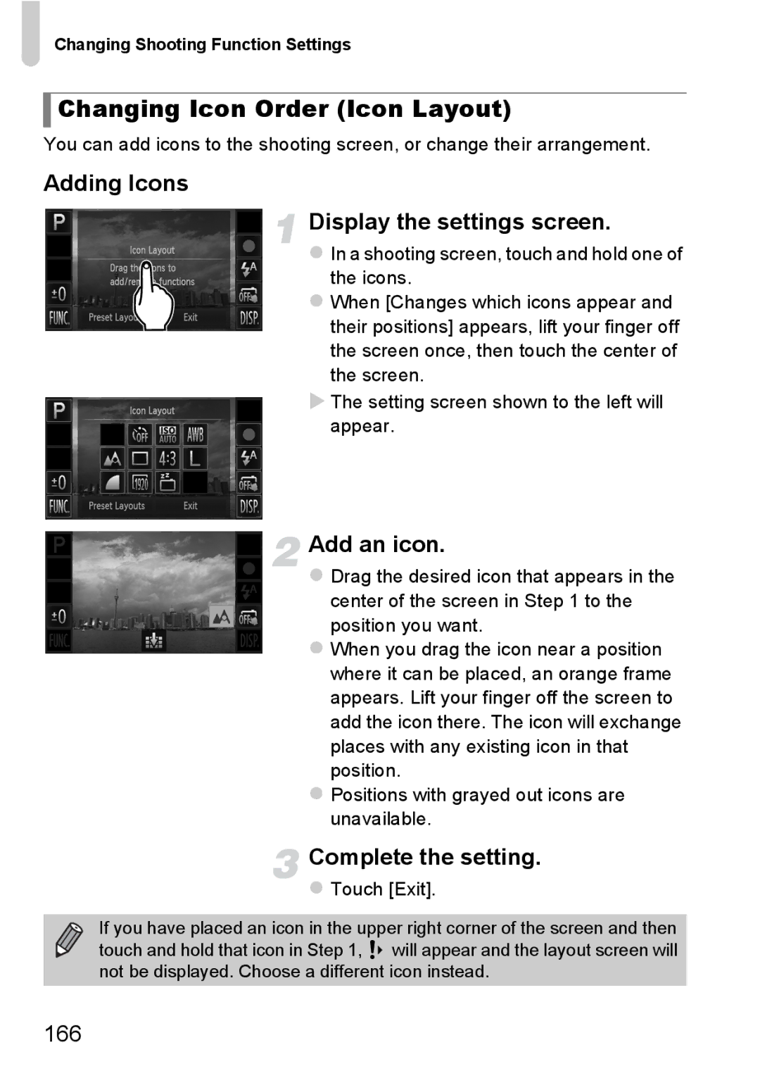 Canon 1100HS manual Changing Icon Order Icon Layout, Adding Icons Display the settings screen, Add an icon, 166, Touch Exit 