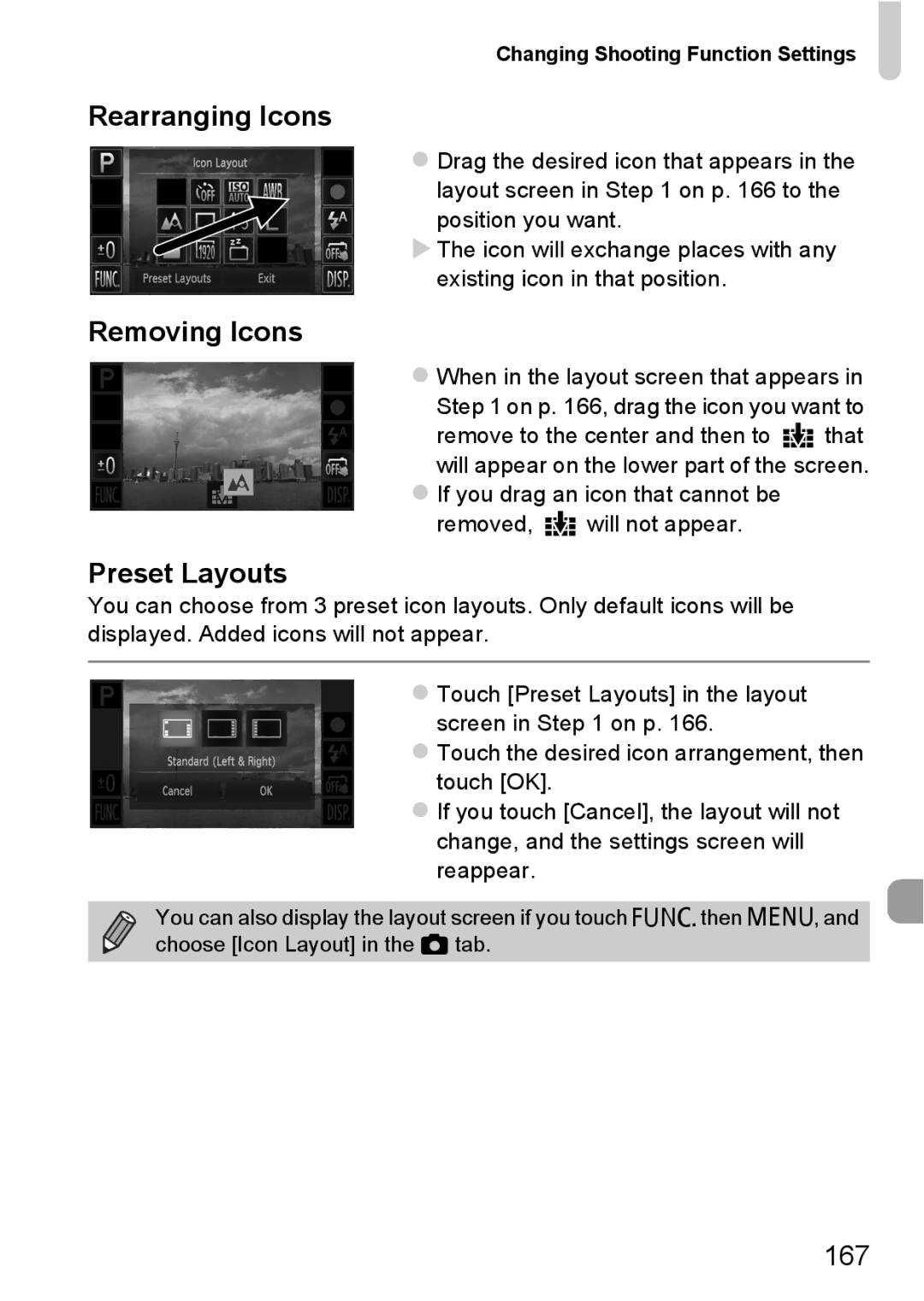 Canon 1100HS manual Rearranging Icons, Removing Icons, Preset Layouts, 167 