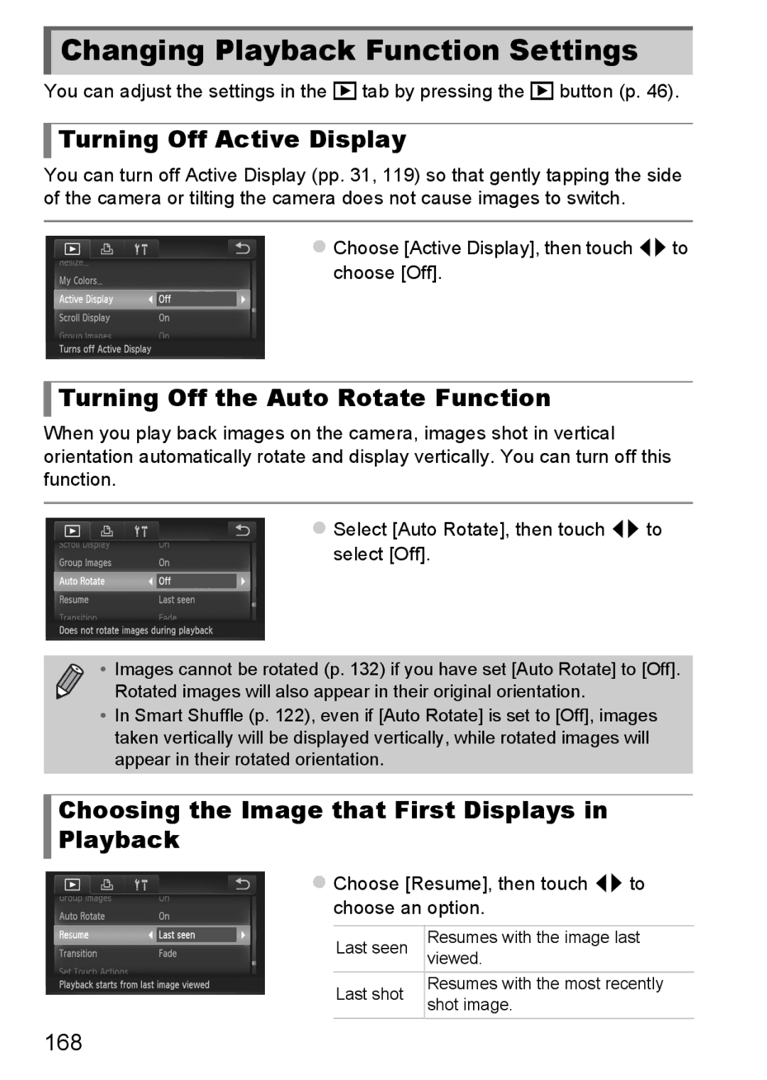 Canon 1100HS Changing Playback Function Settings, Turning Off Active Display, Turning Off the Auto Rotate Function, 168 