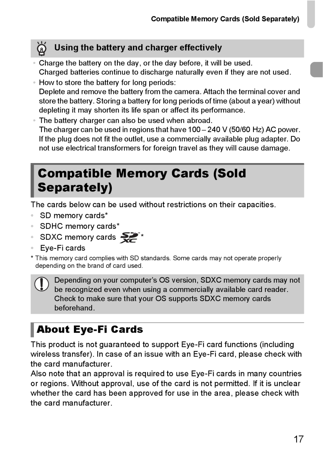 Canon 1100HS manual Compatible Memory Cards Sold Separately, About Eye-Fi Cards, Using the battery and charger effectively 