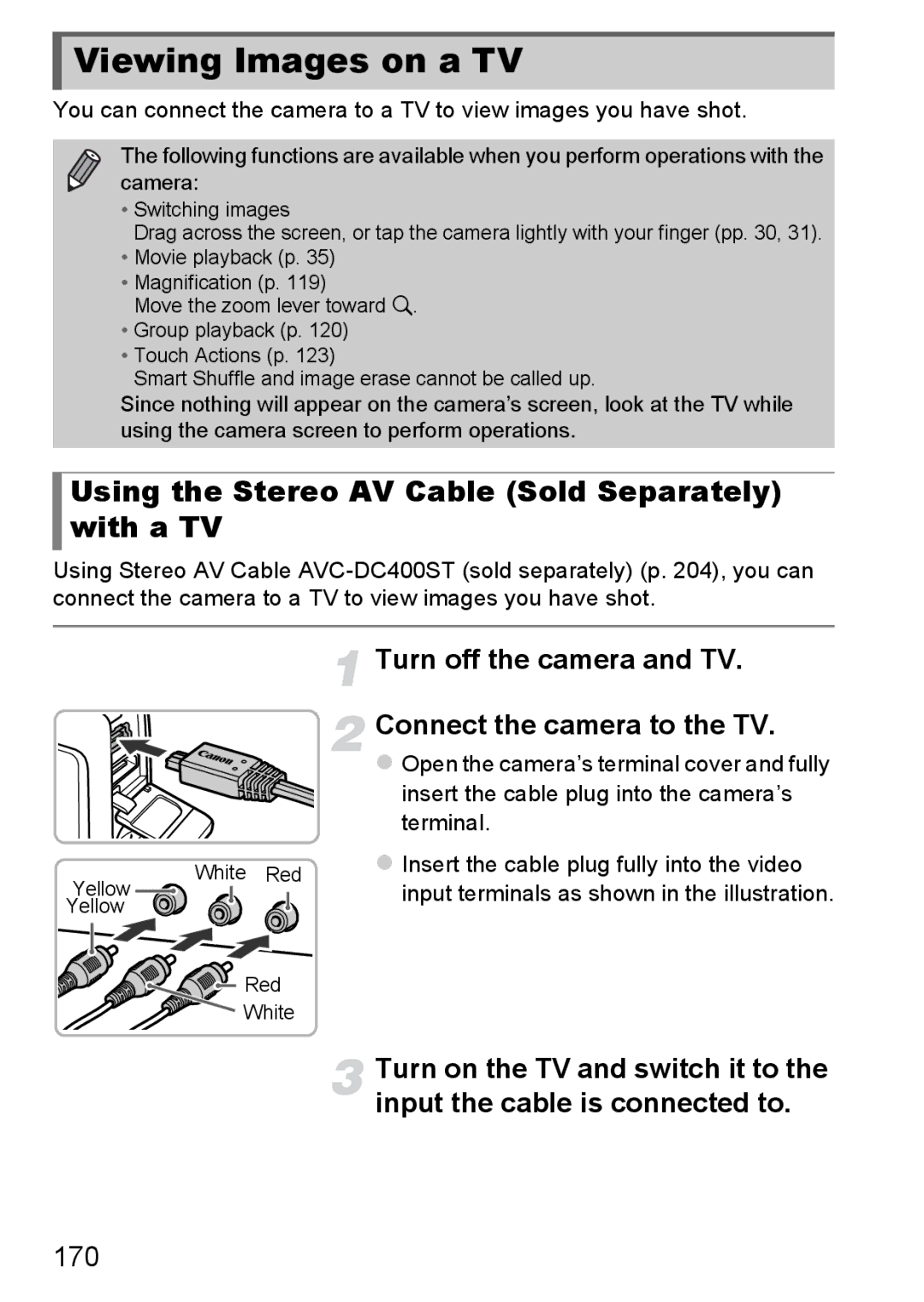 Canon 1100HS manual Viewing Images on a TV, Using the Stereo AV Cable Sold Separately with a TV, 170 