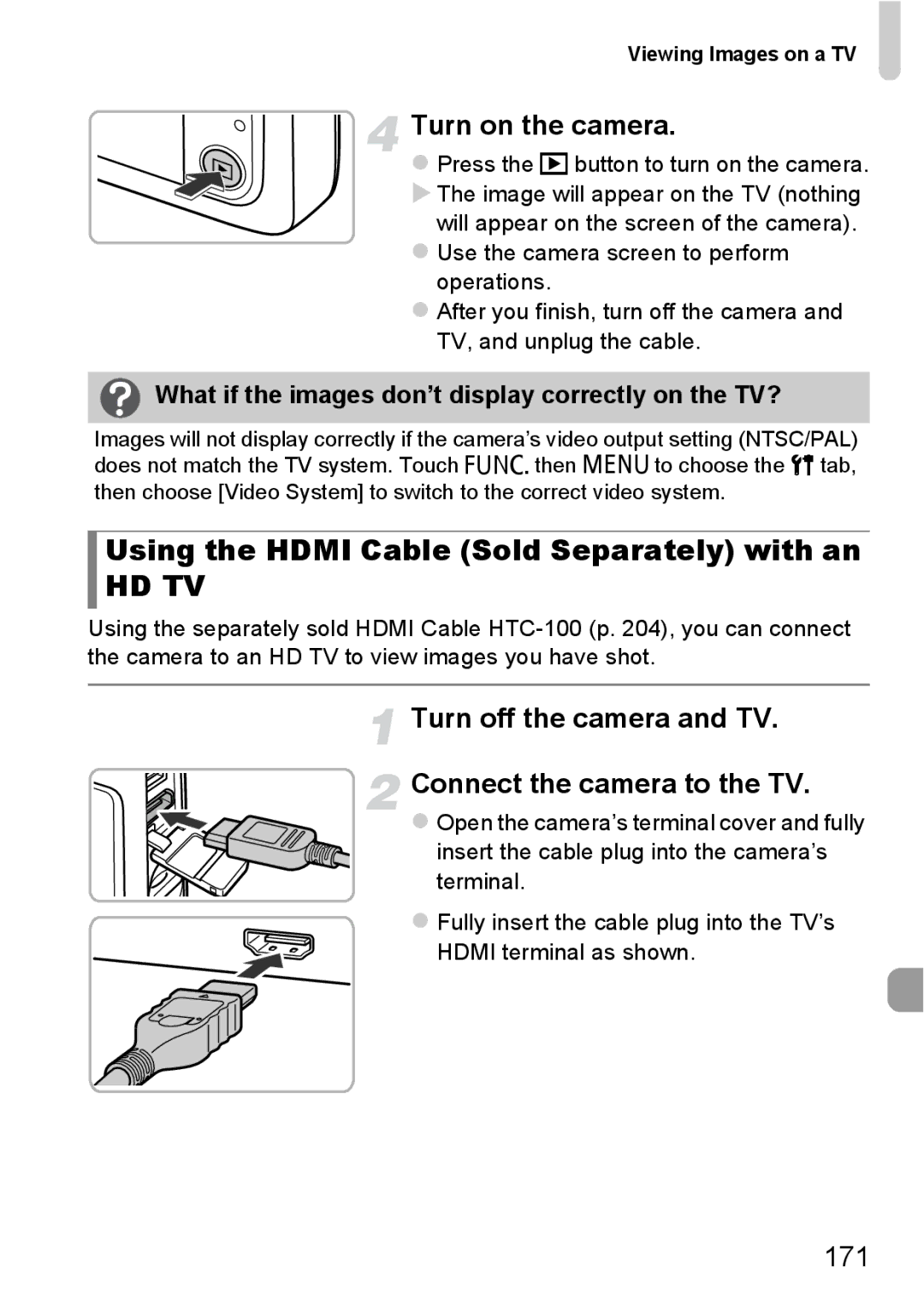 Canon 1100HS Using the Hdmi Cable Sold Separately with an, 171, What if the images don’t display correctly on the TV? 