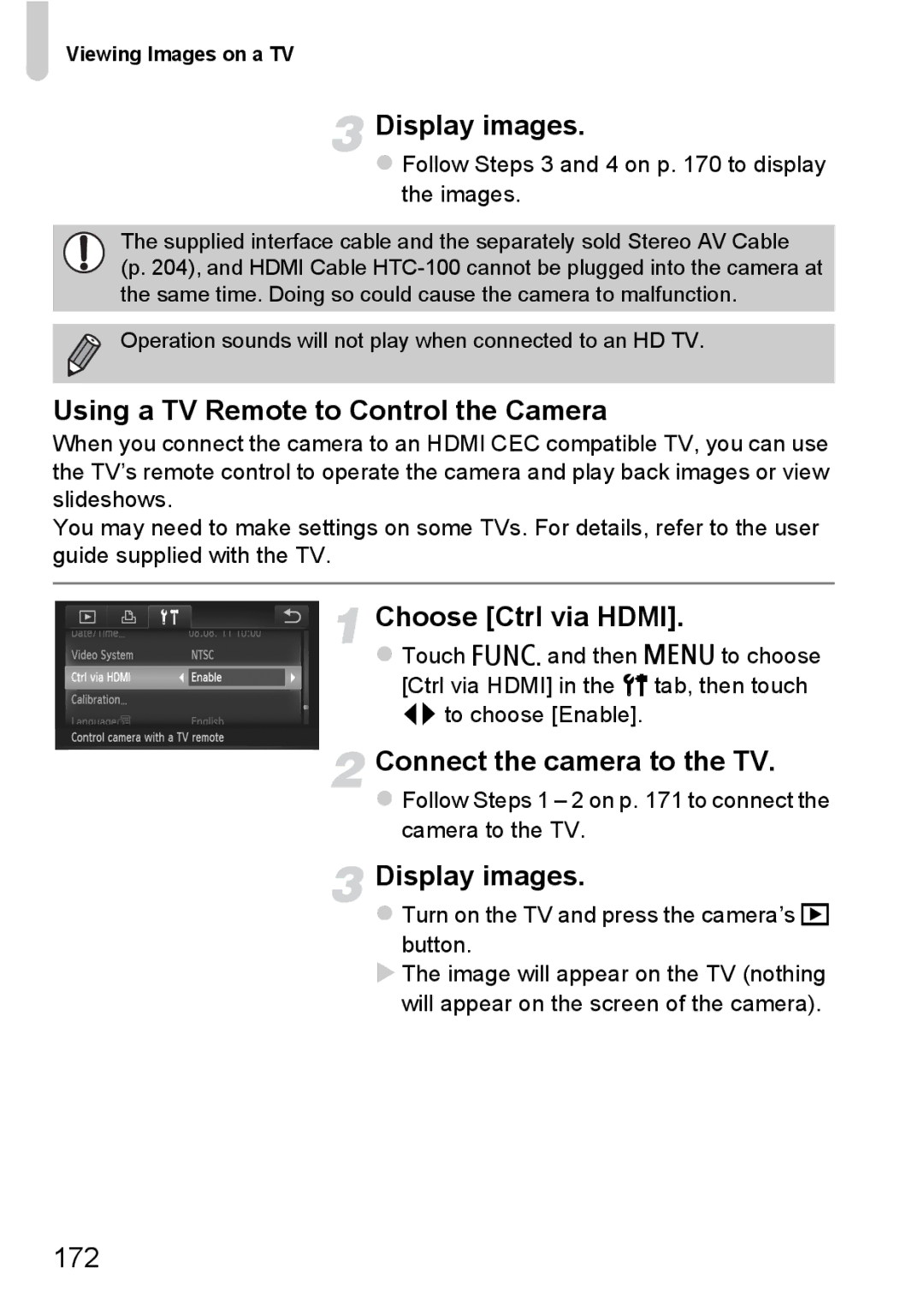 Canon 1100HS manual Display images, Using a TV Remote to Control the Camera, Choose Ctrl via Hdmi, 172 