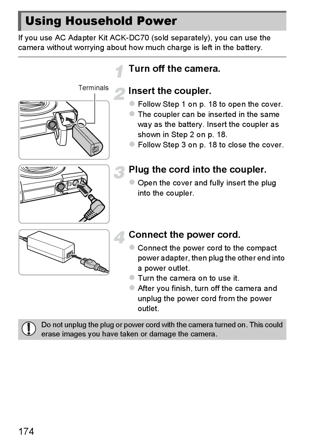 Canon 1100HS manual Using Household Power, Turn off the camera, Insert the coupler, Plug the cord into the coupler 