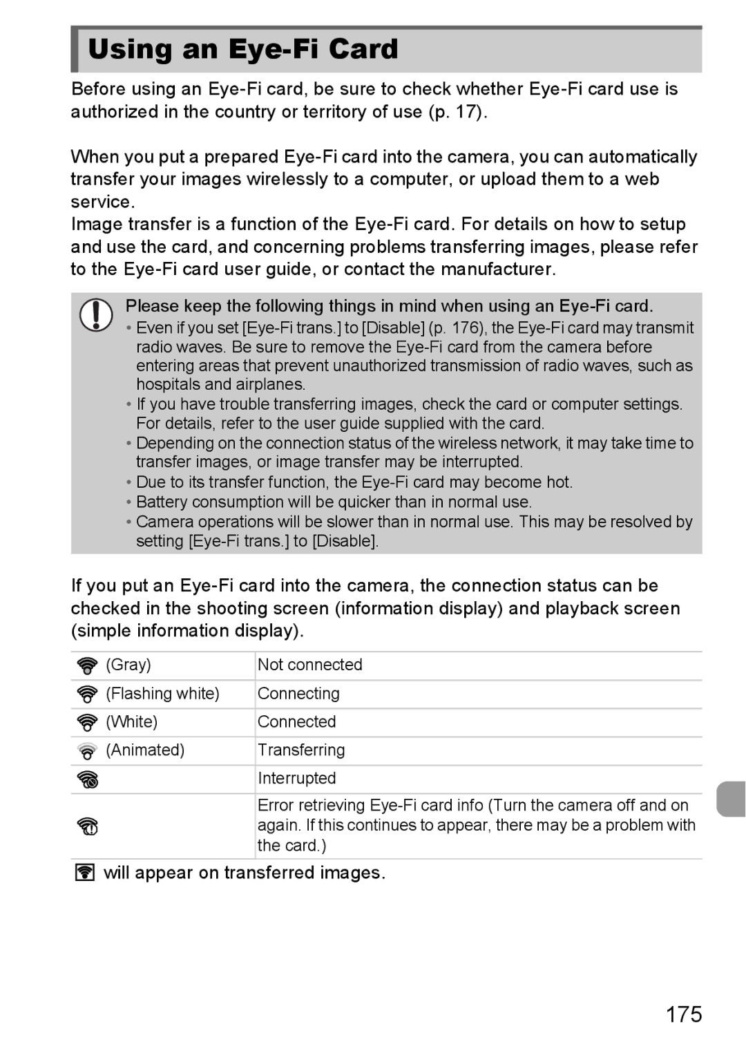 Canon 1100HS manual Using an Eye-Fi Card, 175, Will appear on transferred images 