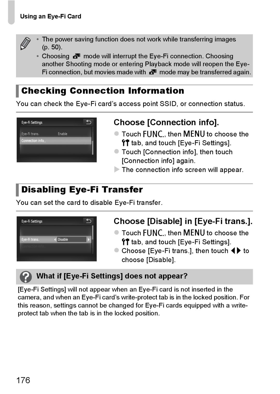 Canon 1100HS manual Checking Connection Information, Disabling Eye-Fi Transfer, Choose Connection info, 176 