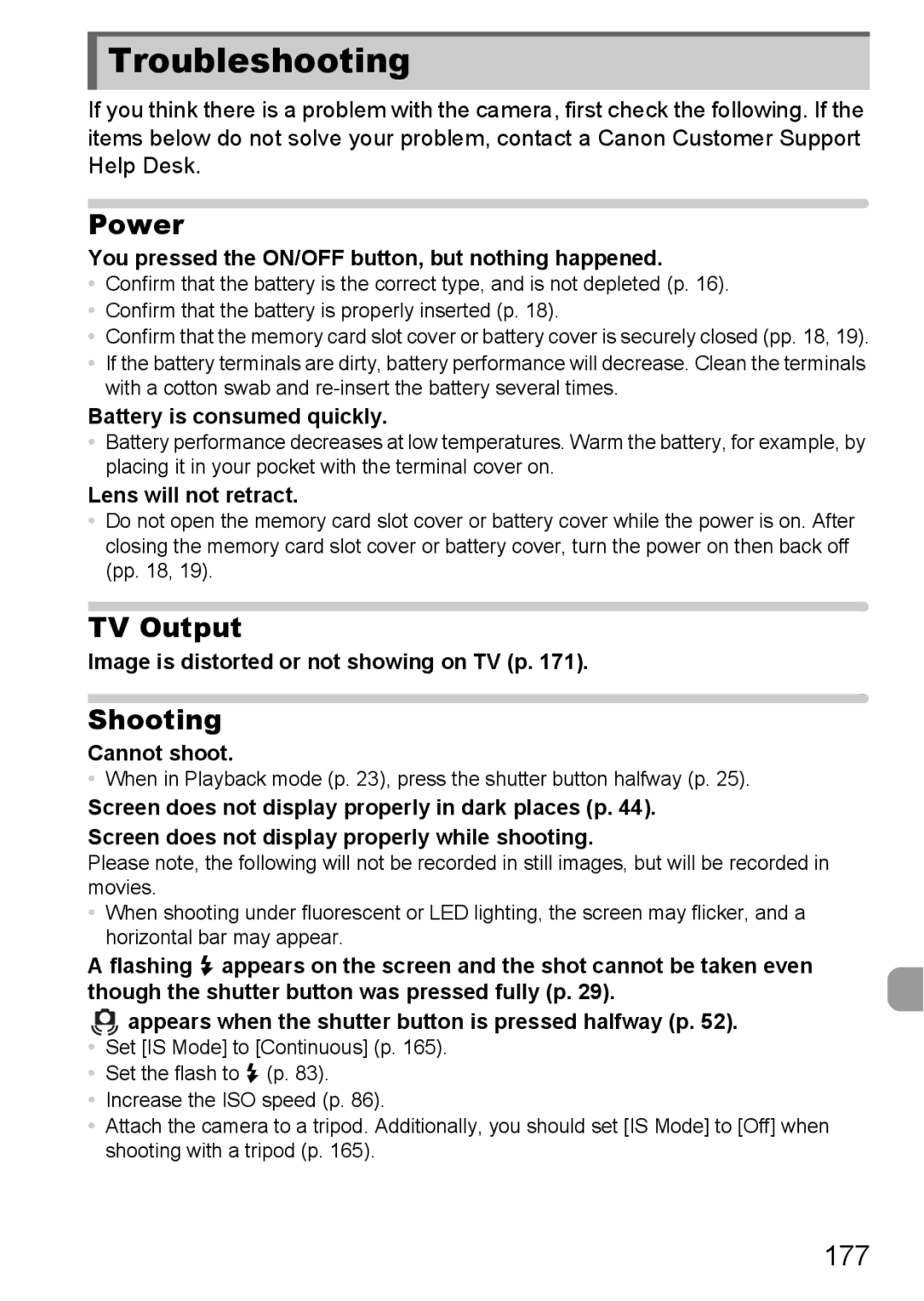 Canon 1100HS manual Troubleshooting, Power, TV Output, 177 