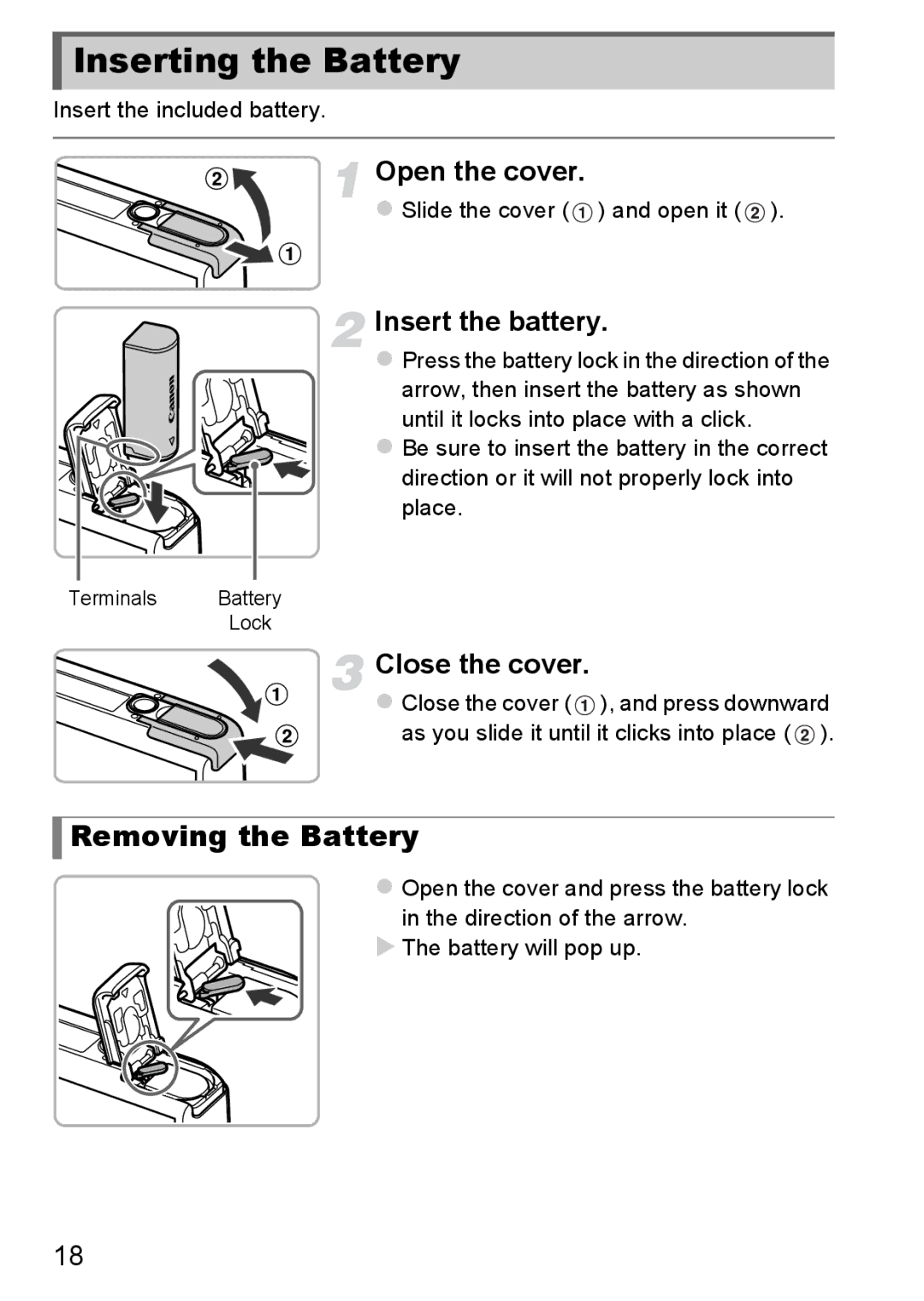 Canon 1100HS manual Inserting the Battery, Removing the Battery, Open the cover, Close the cover 